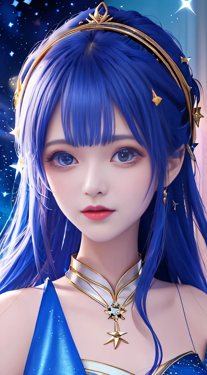a close up of a woman in a blue dress standing on a rug, astral dress, rin, wearing a dress made of stars, fantasy dress, frock