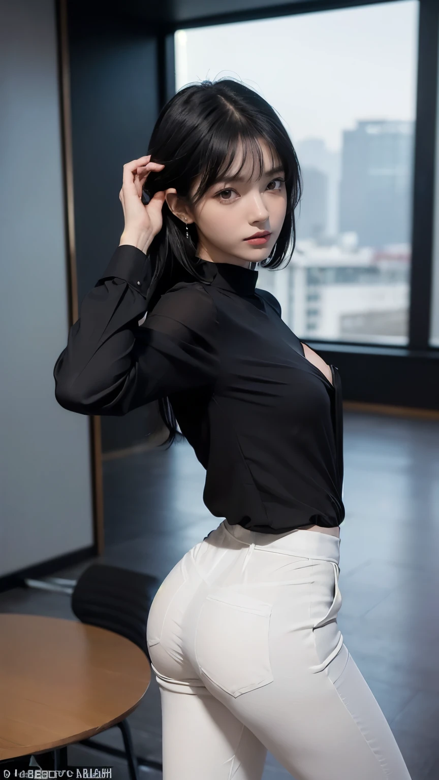 (((Backwards:2.0, Point your ass to the camera:2.0))), ((conference room:2.0)), ((Clothing:2.0, black long blouse:2.0, Black panties under white suit pants:2.0)), ((A grin:1.2, Small breasts:1.5, slender:1.5, Small Ass:1.5)), ((Japanese, 1 Girl, 18-year-old, 7 heads, Ideal body proportions, Black Hair, With bangs, Small breasts, Erect nipples, slender, Small Ass, Beautiful feet, Skinny Legs)), Surrealism, Cinematic Lighting, Depth of written boundary, First Person View, Boobs F/1.8, 135mm, Ticker, Mastepiece, Curate, ((Anatomically correct:1.3)), Textured skin, Super Detail, High detail, High quality, Awards, Best Quality, High resolution, 8K