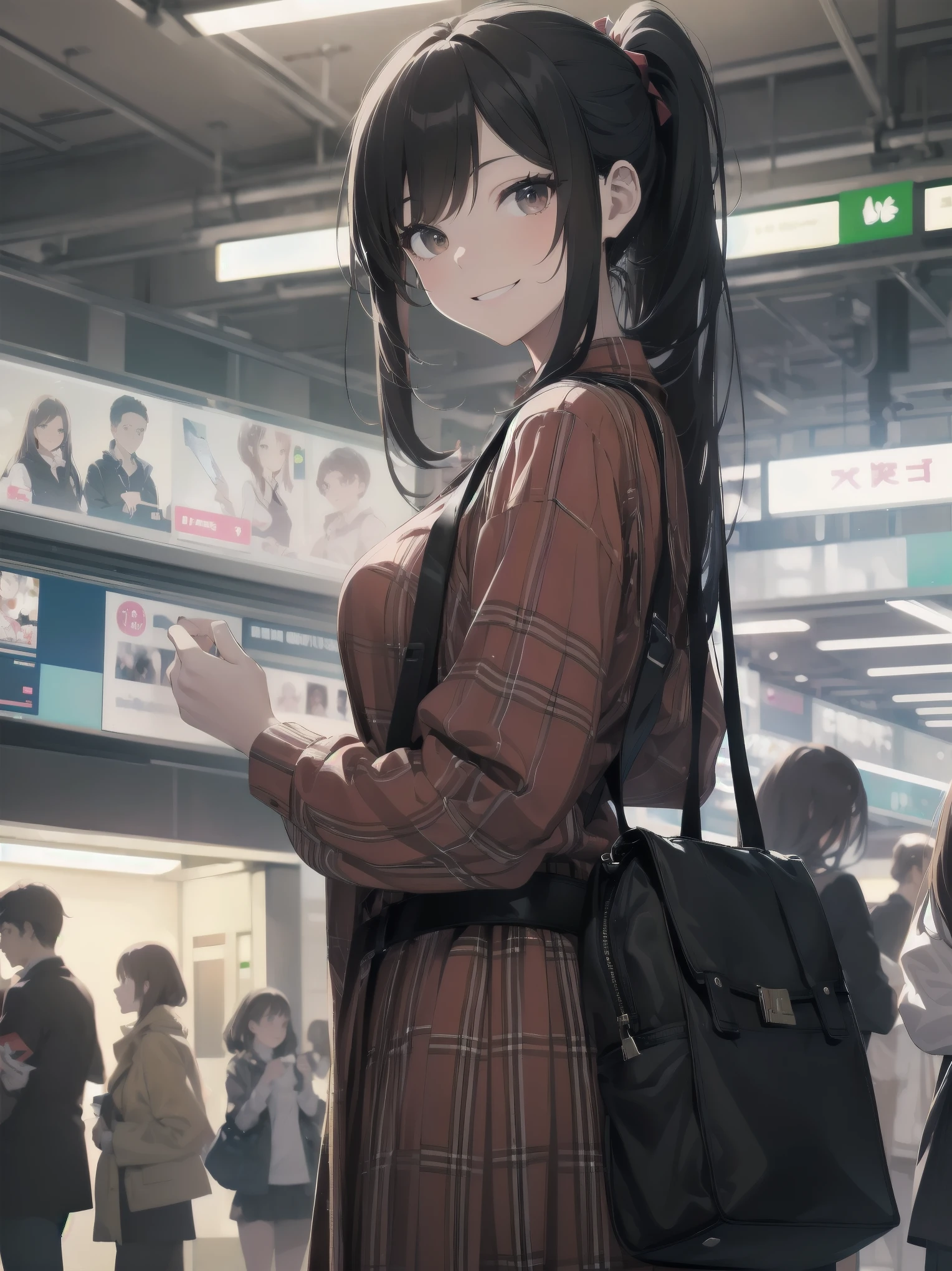 Masterpiece, high quality, high resolution, semi-realistic, 2.5D, perfect anatomy, super-detailed and detailed illustrations, sfw,
Subject: pretty, crowd.
Subtitle: {long black hair in ponytail}, {red checked skirt and white blouse}, {smiling in crowd}, {station platform}, {glowing smile}, {high sensitivity camera, f/1.4, 1/500 sec, ISO 800, subject tracking auto focus}
A beautiful girl with long black hair pulled back in a ponytail stands on a busy station platform. Wearing a red checked skirt and white blouse, she smiles at the crowd. Her radiant smile is so attractive that it makes you forget the hustle and bustle of the surroundings. In the background, hurrying commuters come and go, giving the city a lively atmosphere. Shot with a high-sensitivity camera at f/1.4 aperture, shutter speed 1/500 s at ISO 800, the beautiful girl is clearly captured in the crowd by the subject tracking autofocus function. The blurring of the people in the background makes her stand out as if she were in the spotlight.