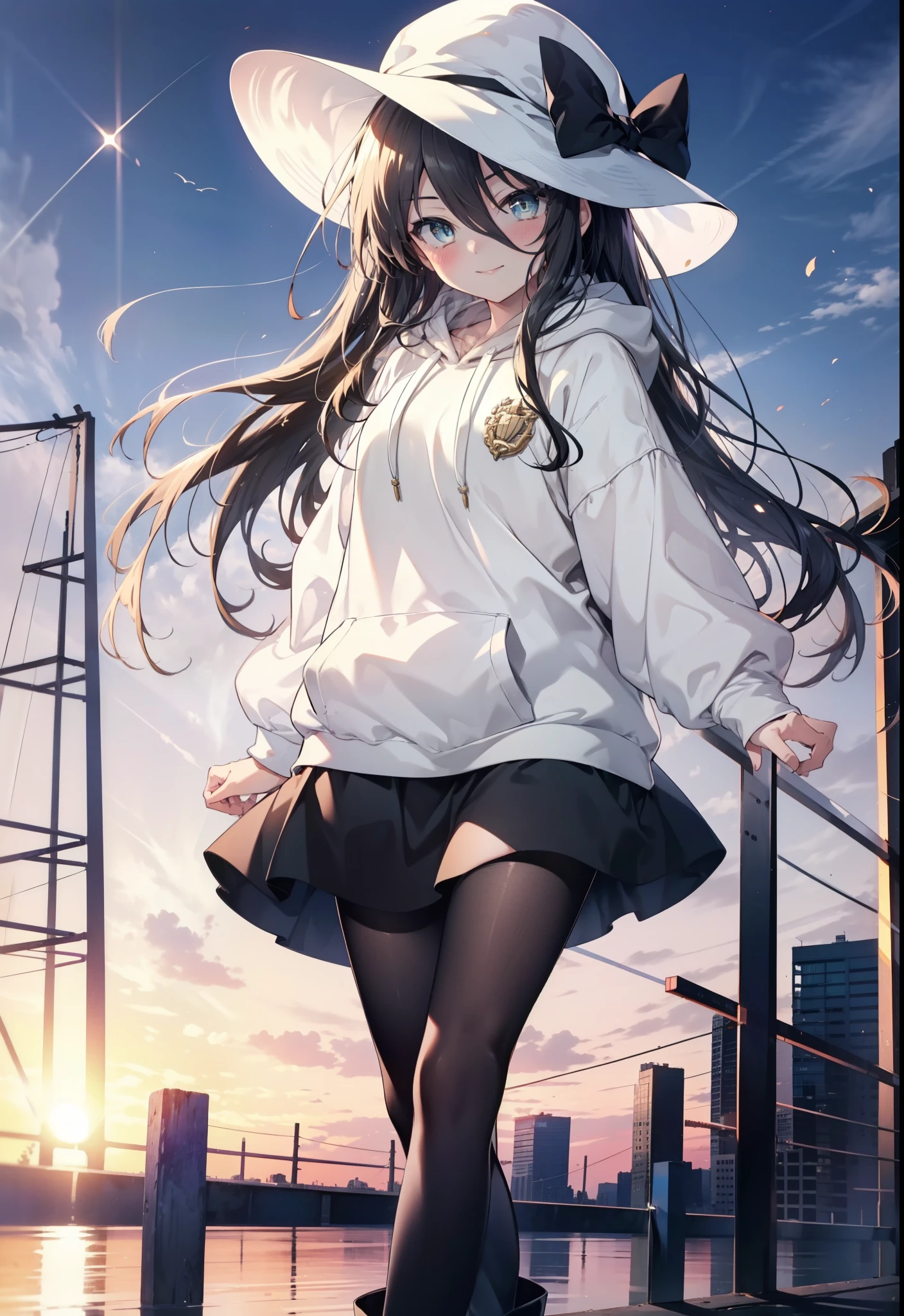 Shana,灼眼のShana,Long Hair,Black, Iris, Small breasts,happy smile, smile, Close your mouth,blush,Applejack Hat,Oversized red hoodie,Black long skirt,Black pantyhose,short boots,walking,morning,morning陽,The sun is rising,whole bodyがイラストに入るように,
break looking at viewer, whole body, 
break outdoors, Building district,
break (masterpiece:1.2), highest quality, High resolution, unity 8k wallpaper, (shape:0.8), (Beautiful and beautiful eyes:1.6), Highly detailed face, Perfect lighting, Highly detailed CG, (Perfect hands, Perfect Anatomy),