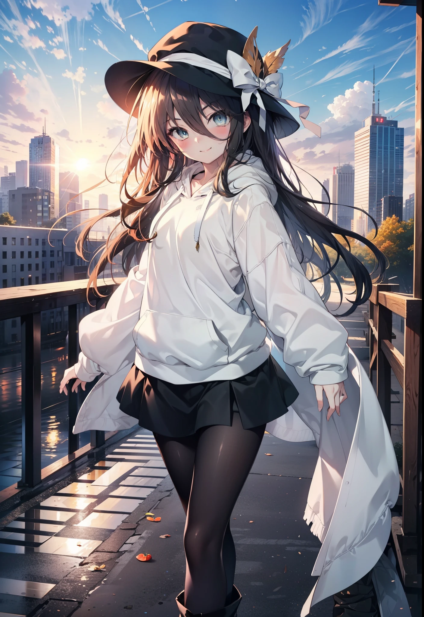 Shana,灼眼のShana,Long Hair,Black, Iris, Small breasts,happy smile, smile, Close your mouth,blush,Applejack Hat,Oversized red hoodie,Black long skirt,Black pantyhose,short boots,walking,morning,morning陽,The sun is rising,whole bodyがイラストに入るように,
break looking at viewer, whole body, 
break outdoors, Building district,
break (masterpiece:1.2), highest quality, High resolution, unity 8k wallpaper, (shape:0.8), (Beautiful and beautiful eyes:1.6), Highly detailed face, Perfect lighting, Highly detailed CG, (Perfect hands, Perfect Anatomy),