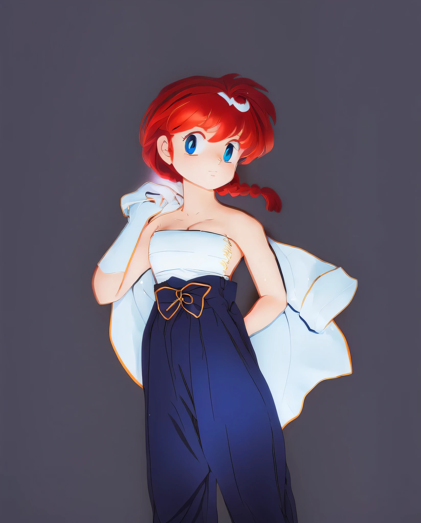 Anime redhead with braid, wearing a blue jacket and white blouse, 15 anos, corpo bonito, red hair with braid, Garota sensual, redhead braid, mechas de cabelo laterais, mechas de cabelo na lateral do rosto , Beautiful lighting, sombras suaves, olhos azuis, pernas bonitas, estilo anime, personagem Ranma Chan, Autora Rumiko Takahashi, Baseado em obra de Rumiko Takahashi, Anime Ranma 1/ 2, Happy expression, sorriso, sexy, quadril robusto, corpo inteiro, busto grande, garota jovem e sexy, shoe on the feet, garota 15 anos jovem, garota anime realista, busto grande, pernas bonitas, uma das pernas erguidas sensuais, belas pernas, corpo completo, corpo inteiro, anime realista, personagem realista sensual, segurando bandeja com bolinhos, segurando vasilia com sopa, segurando bandeja com sopa