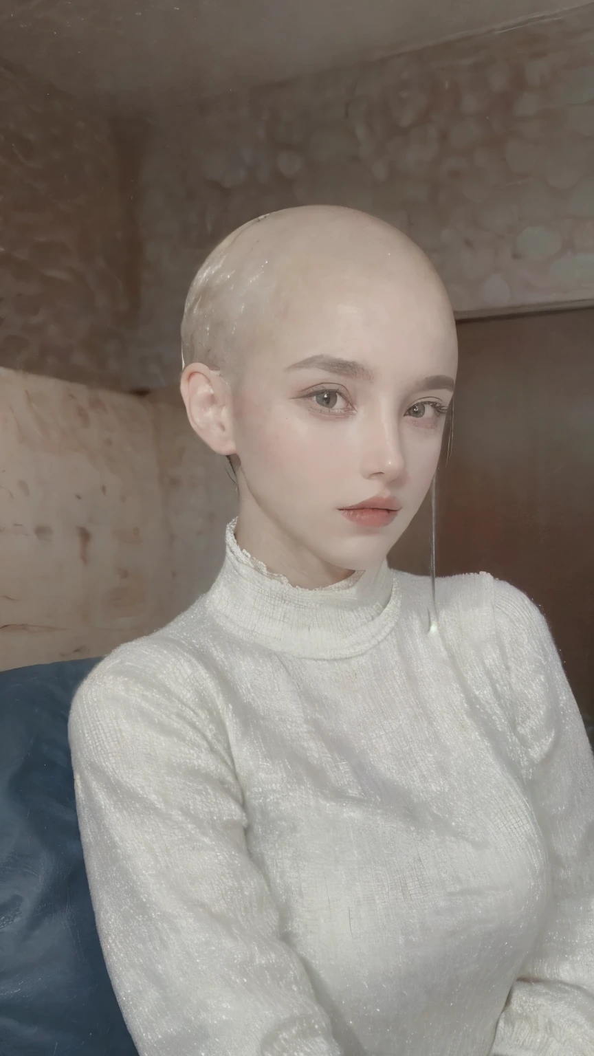 mulher careca sem so com um peito ,roupas claras