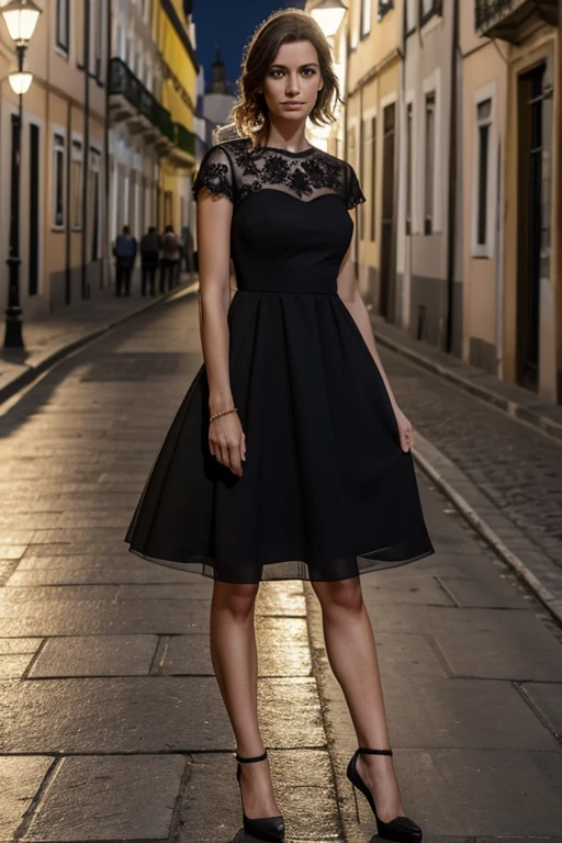 (Best quality)), (Meisterwerk), (Detaillierte), (Full body shot)) pretty, atemberaubend, langes braunes Haar, green eyes, Nice, atemberaubend adult 35yo woman, 185 cm tall, Maria Fumagelli, Dekollete, slender legs, weiche Eigenschaften, rotes, figurbetontes Kleid mit aufwendigen Golddetails, award-winning photography, Lisbon Street (dramatische Beleuchtung), Mode, realistische Hautstruktur, ((Perfekte Anatomie)), (perfekte Proportionen), (Realistisches Foto), klarer Teint und markantes Erscheinungsbild. hochgezogene Augenbrauen, ausdrucksstarke Augen. Eyeliner betont ihre strahlenden Augen, Neutraler Lippenstift