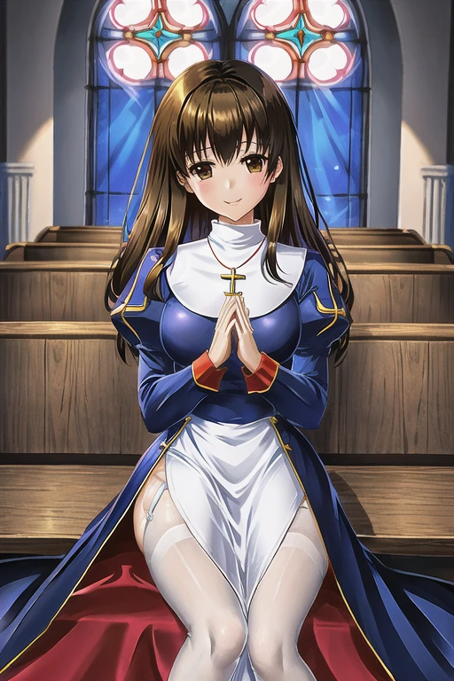 priestRO, long sleeves, pantyhose, thighhighs, garter belt, white gloves, long skirt. shoes, cape, long dress, puffy sleeves, turtleneck,
necklace, cross necklace,
brown hair, brown eye, long hair,
standing, ((praying)), own hands togather,
looking at viewer, smile,
upper body, medium shot, cowboy shot,
catholic church, light through window,  church, stained glass, wooden bench,