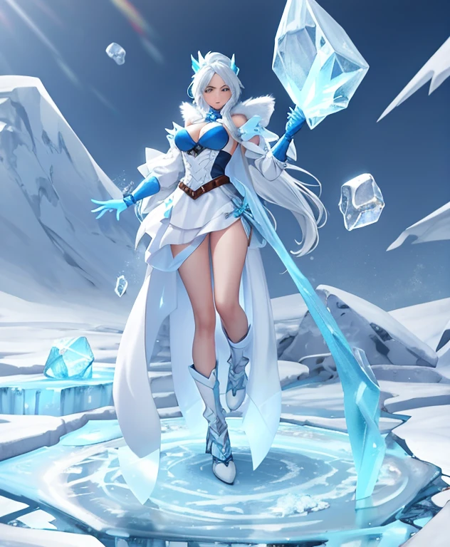 high-res, vivid colors), blue bird alien, detailed feathers, sparkling eyes, alien landscape, vibrant colors, surreal atmosphere, glowing lights, otherworldly features, intricate patterns, dreamlike scenery, Arctic Frost Ranger: A suit featuring icy blue and frosty white hues, accented with snowflake patterns and frost crystals. This Ranger commands the power of ice and cold, with abilities such as creating blizzards, forming ice constructs for defense, and freezing enemies in their tracks,detailed face, detailed eyes, detailed hands, woman,elf girl,t
, full body