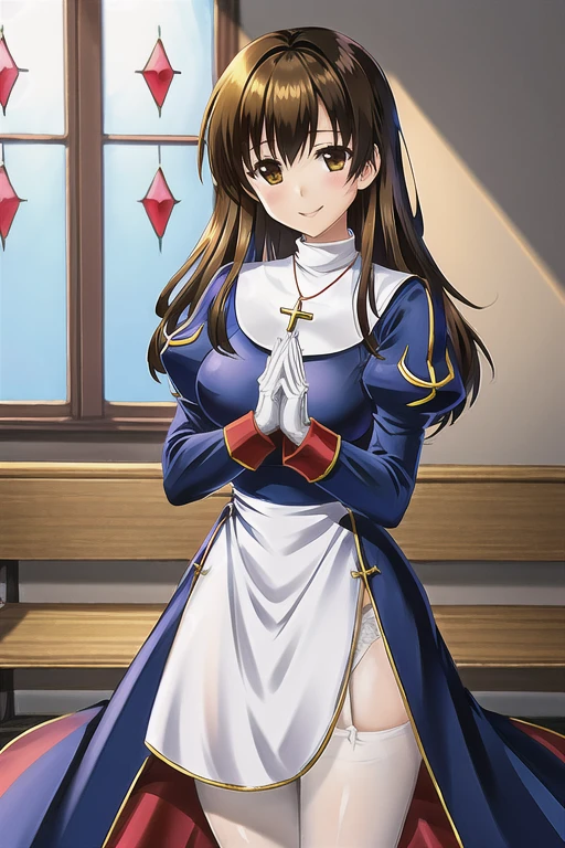 priestRO, long sleeves, pantyhose, thighhighs, garter belt, white gloves, long skirt. shoes, cape, long dress, puffy sleeves, turtleneck,
necklace, cross necklace,
brown hair, brown eye, long hair,
standing, ((praying)), own hands togather,
looking at viewer, smile,
upper body, medium shot, cowboy shot,
catholic church, light through window,  church, stained glass, wooden bench,