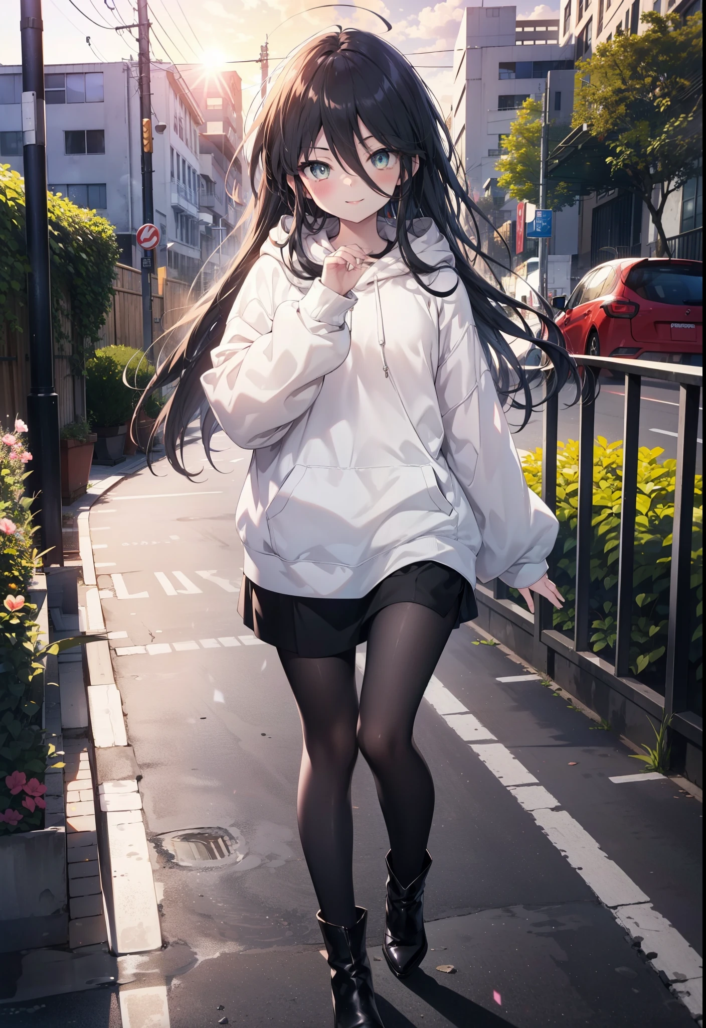 Shana,灼眼のShana,Ahoge,Long Hair,Black, Iris, Small breasts,happy smile, smile, Close your mouth,blush,Oversized red hoodie,Black long skirt,Black pantyhose,short boots,walking,morning,morning陽,The sun is rising,whole bodyがイラストに入るように,
break looking at viewer, whole body,
break outdoors, Building district,
break (masterpiece:1.2), highest quality, High resolution, unity 8k wallpaper, (shape:0.8), (Beautiful and beautiful eyes:1.6), Highly detailed face, Perfect lighting, Highly detailed CG, (Perfect hands, Perfect Anatomy),