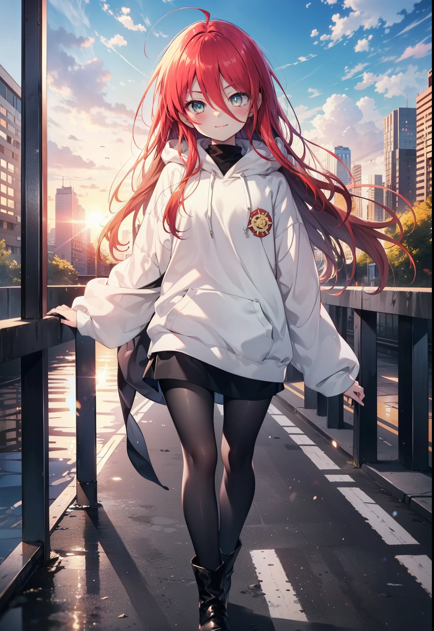 Shana,灼眼のShana,Ahoge,Long Hair,Black, Iris, Small breasts,happy smile, smile, Close your mouth,blush,Oversized red hoodie,Black long skirt,Black pantyhose,short boots,walking,morning,morning陽,The sun is rising,whole bodyがイラストに入るように,
break looking at viewer, whole body, 
break outdoors, Building district,
break (masterpiece:1.2), highest quality, High resolution, unity 8k wallpaper, (shape:0.8), (Beautiful and beautiful eyes:1.6), Highly detailed face, Perfect lighting, Highly detailed CG, (Perfect hands, Perfect Anatomy),