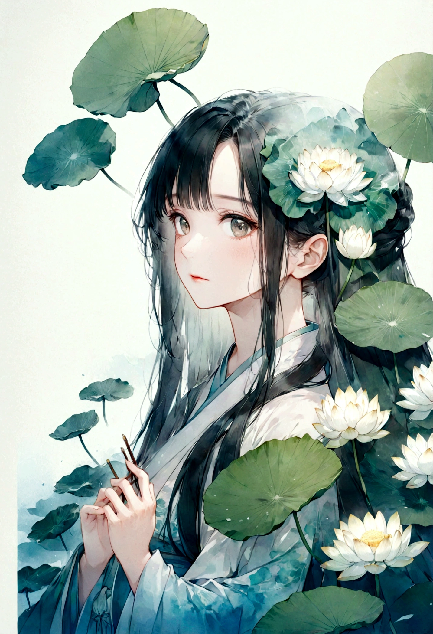    Double exposure flat vector of a beautiful and detailed girl with long hair wearing Chinese Hanfu(Face clear, beautiful and perfect)Image ( perfect解剖结构 ) ，The background is huge white lotus flowers and huge lotus leaves(Translucent white lotus lotus leaves) perfect, Beautifully, Intricate ink illustration style,   Dreamy ethereal artwork conceptual artwork masterpiece, best quality, Super detailed, High quality meticulous watercolor style flat vector 

                          