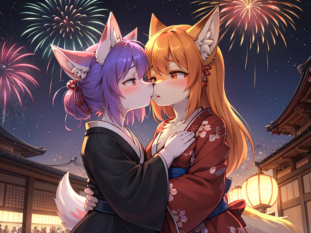 Hallucination, daydream , fantastic , Fear , bokeh , hairy fur , yukata , fox girl , hair tie , Medium hair , up hair , natsu matsuri , Japanese festival , Sensual nape , Fireworks display , look away , focus nape , Dating simulation games , Large crowd , 16bit game , Kissing scene with the viewer , front view