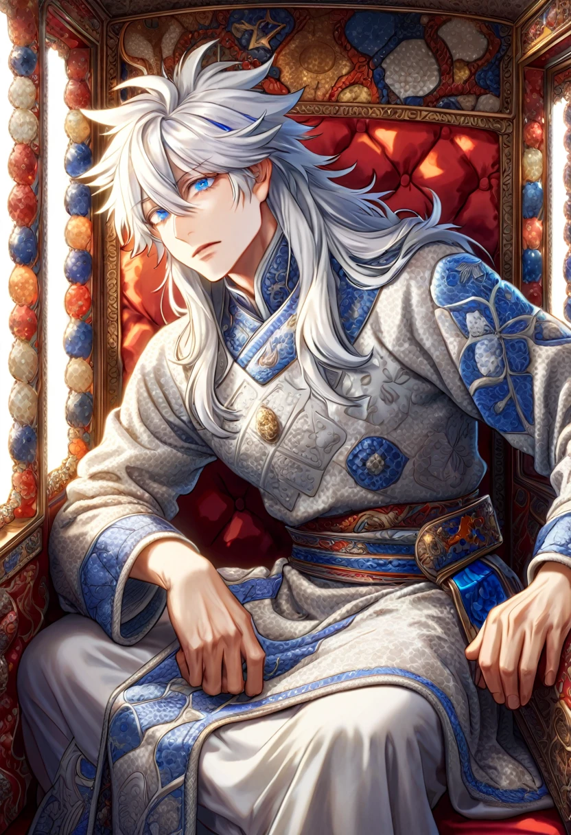 absurdres, highres, ultra detailed, HDR, master piece, best quality, extremely detailed face, delicated features, Gojou Satoru, untamed spiky hair, white long hair, with bangs, hair between the eyes, expressive blue eyes, Thousand Years War, solo, sexy man, handsome, white tunic, patterns, sitting, inside a carriage
