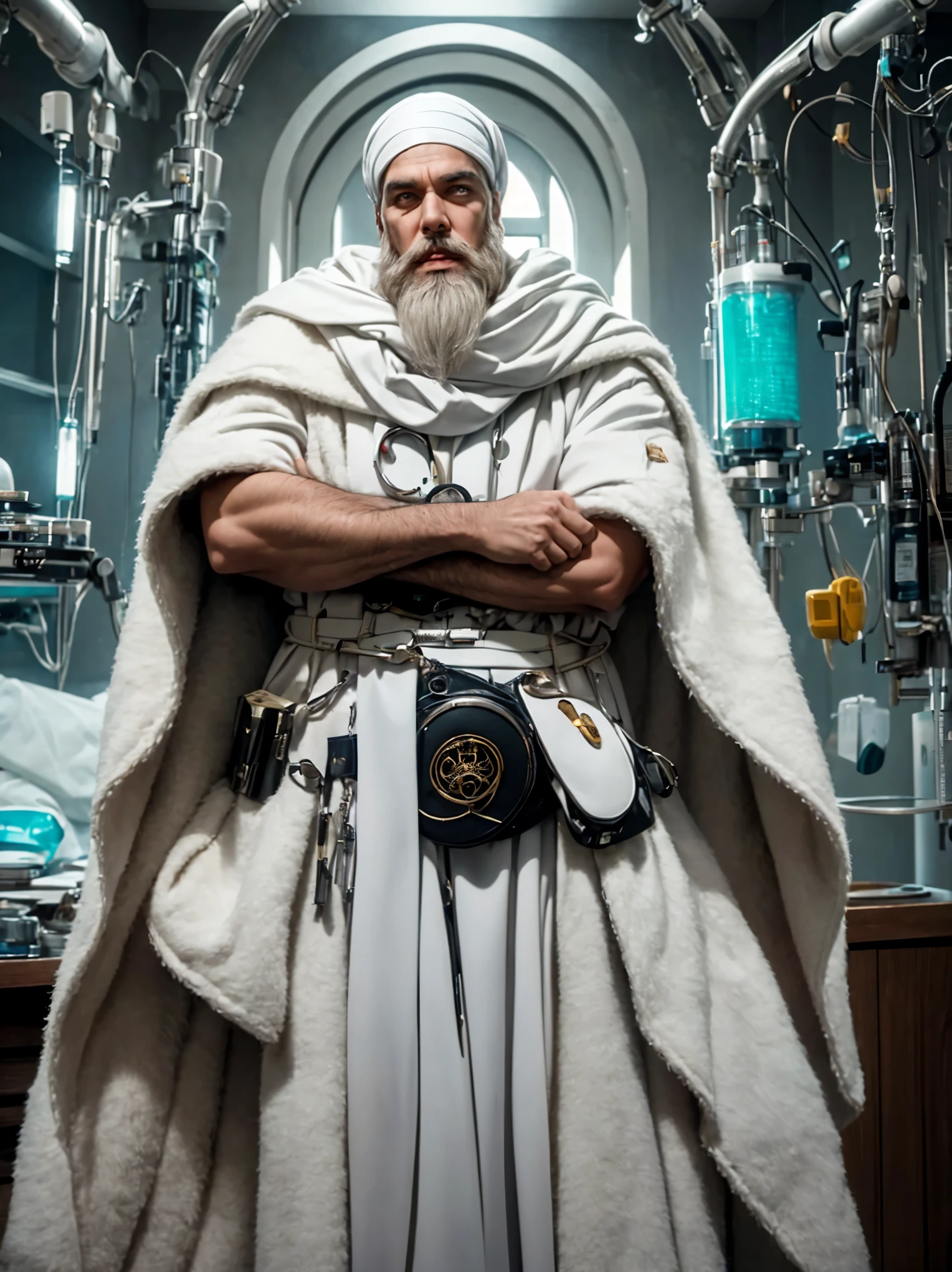 op portrait of arab male doctor in his 40s,((white head arab coat and turbin)) , (round eye glasses), (((long white beard))), muscular body, flexing,((crossing arms)), futuristic, arab-punk, holographic, ancien arab, clean white, futustic health room, lighting, bionic bodyparts