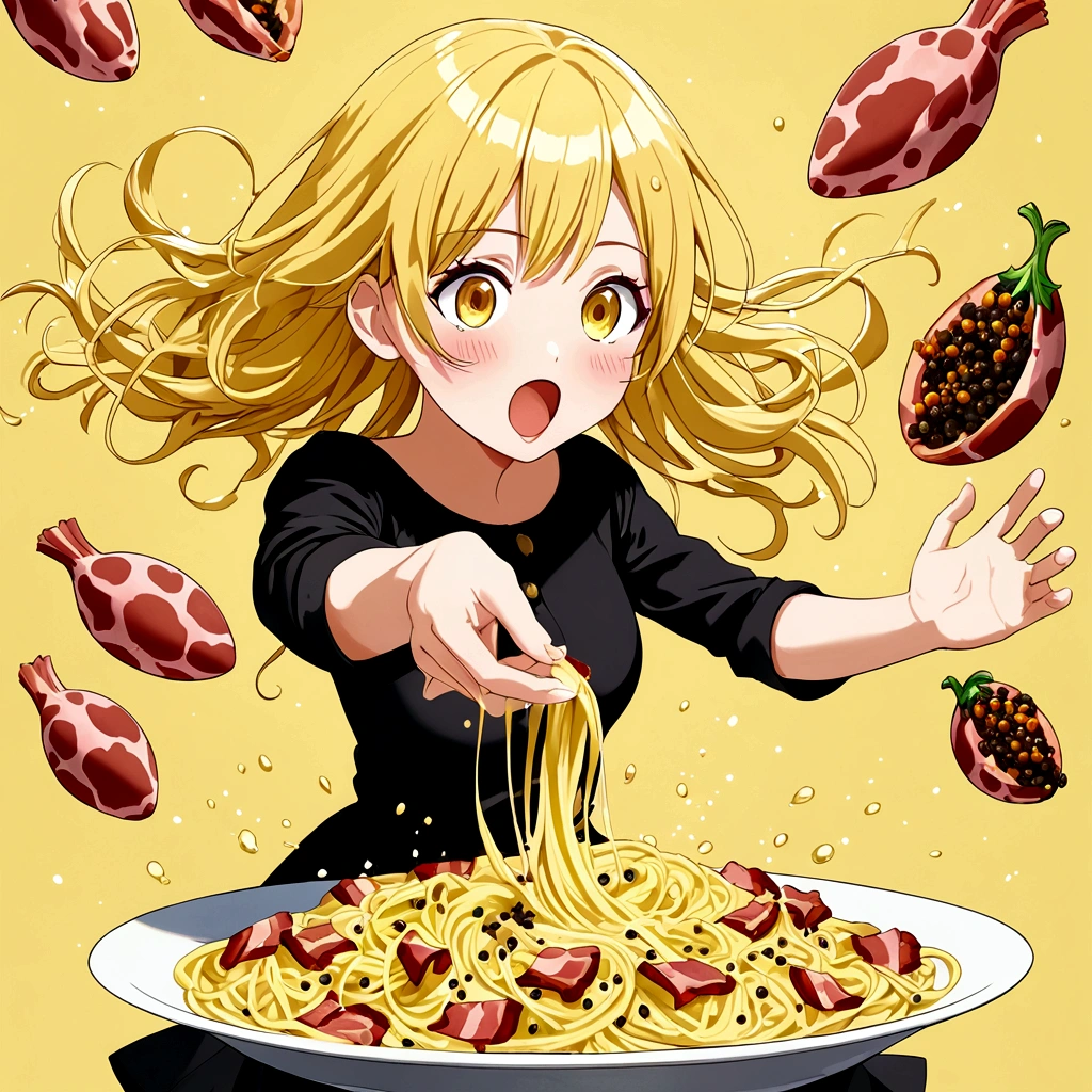 cute girl, pale yellow hair, flying egg, flying Black pepper, flying bacon, splashing carbonara pasta, 