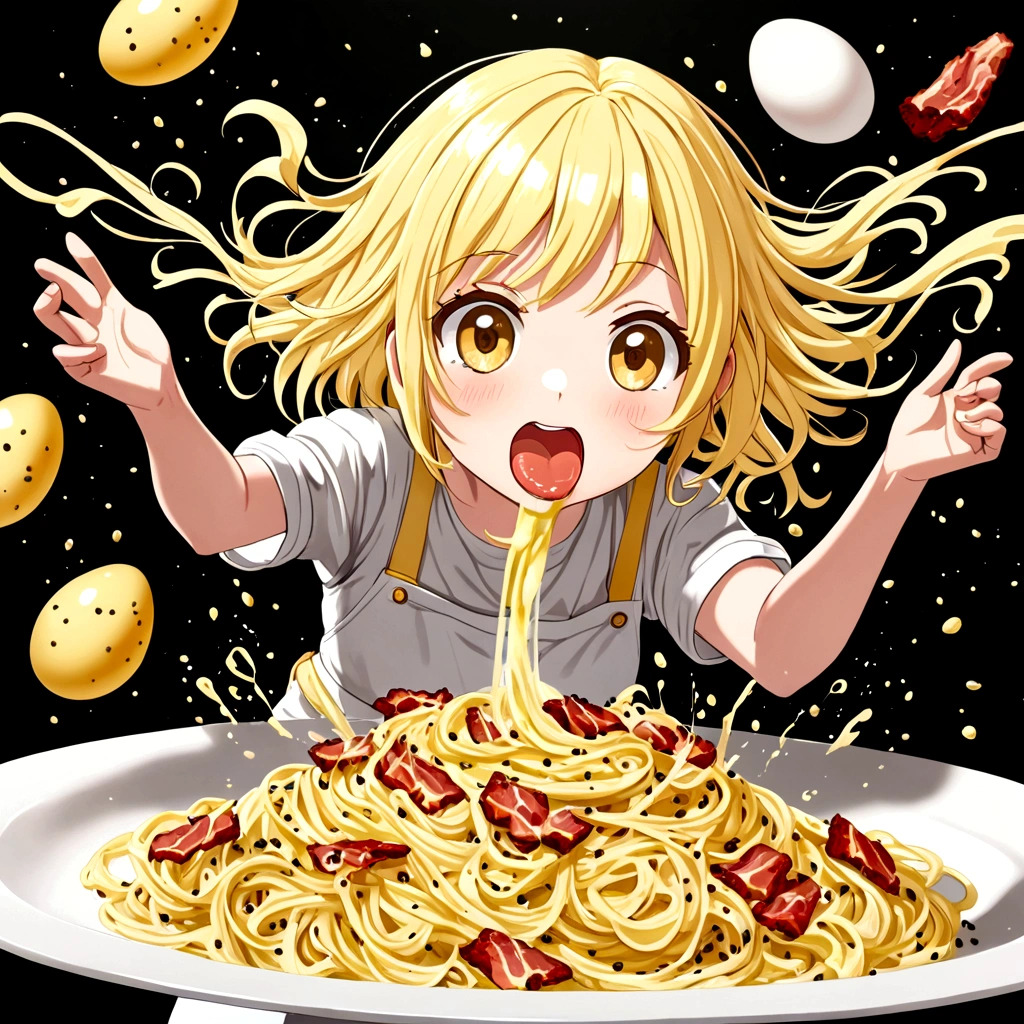 cute girl, pale yellow hair, flying egg, flying Black pepper, flying bacon, splashing carbonara pasta, 