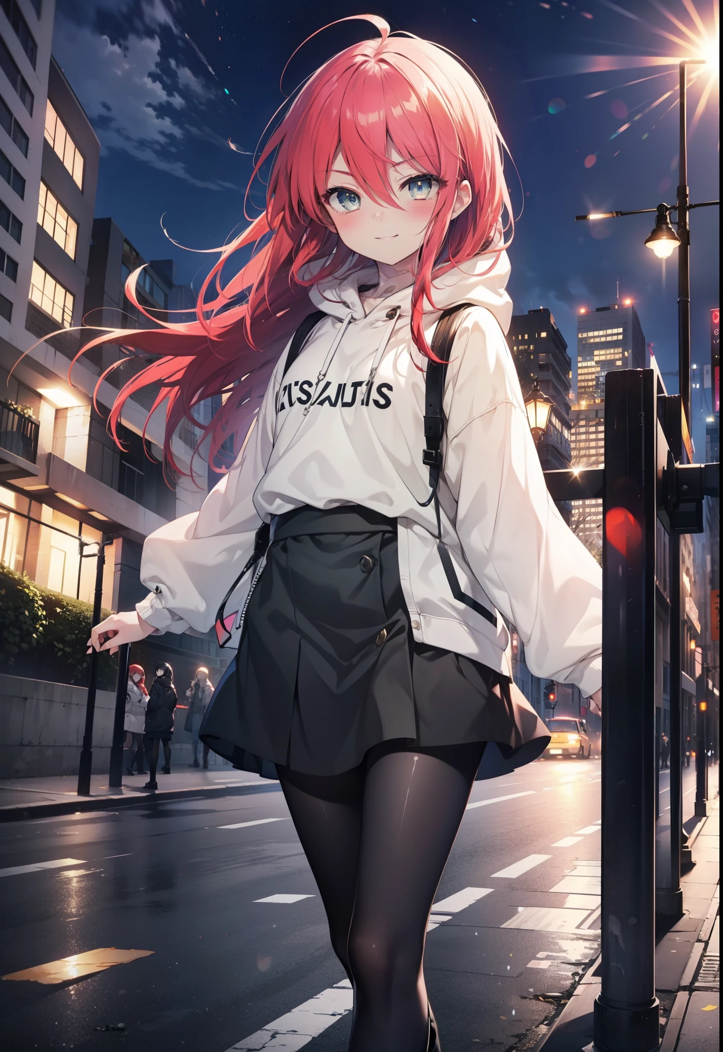 Shana,灼眼のShana,Ahoge,Long Hair,Black, Iris, Small breasts,happy smile, smile, Close your mouth,blush,Oversized red hoodie,Black long skirt,Black pantyhose,short boots,walking,morning,morning陽,The sun is rising,whole bodyがイラストに入るように,
break looking at viewer, whole body,
break outdoors, Building district,
break (masterpiece:1.2), highest quality, High resolution, unity 8k wallpaper, (shape:0.8), (Beautiful and beautiful eyes:1.6), Highly detailed face, Perfect lighting, Highly detailed CG, (Perfect hands, Perfect ???????),
