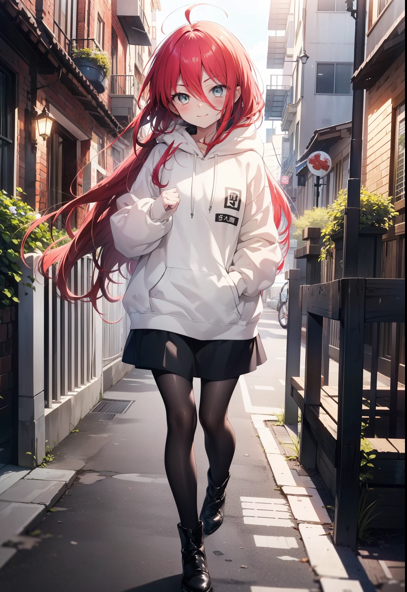 Shana,灼眼のShana,Ahoge,Long Hair,Black, Iris, Small breasts,happy smile, smile, Close your mouth,blush,Oversized red hoodie,Black long skirt,Black pantyhose,short boots,walking,morning,morning陽,The sun is rising,whole bodyがイラストに入るように,
break looking at viewer, whole body,
break outdoors, Building district,
break (masterpiece:1.2), highest quality, High resolution, unity 8k wallpaper, (shape:0.8), (Beautiful and beautiful eyes:1.6), Highly detailed face, Perfect lighting, Highly detailed CG, (Perfect hands, Perfect Anatomy),
