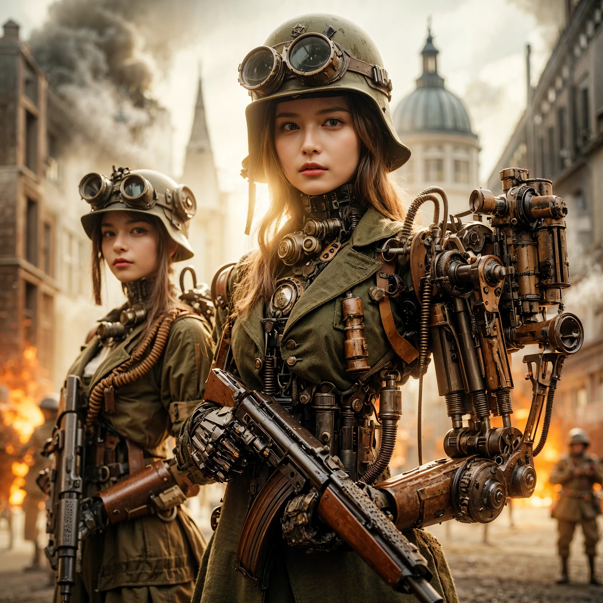 Fictional WWII Swedish army, steam engine reinforced exoskeleton, Scandinavian female soldier, beautiful face, very intricate details, very realistic textures, olive drab paint, flaming city background, steampunk, photo realistic, taken with Fuji film X-T30+Nokton. HDR10