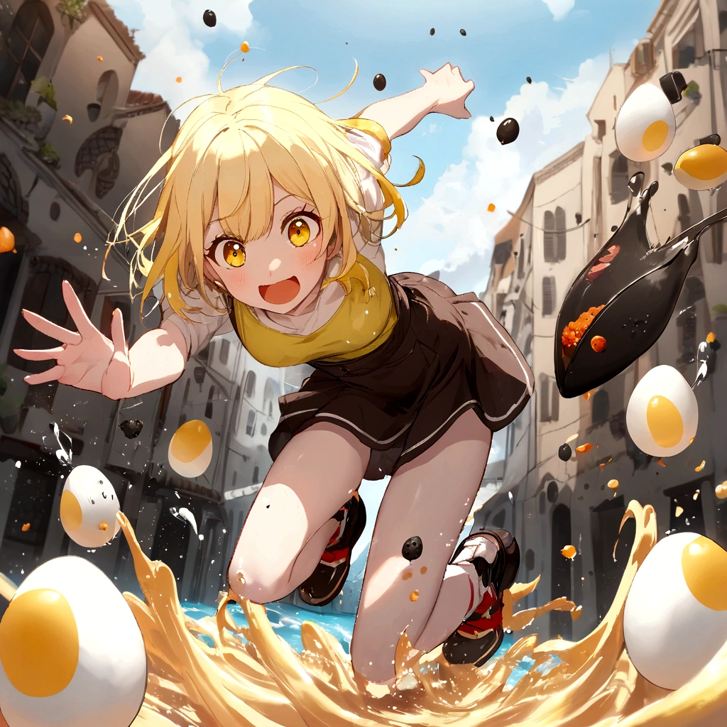 cute girl, pale yellow hair, flying egg, flying Black pepper, flying bacon, splashing carbonara pasta, 