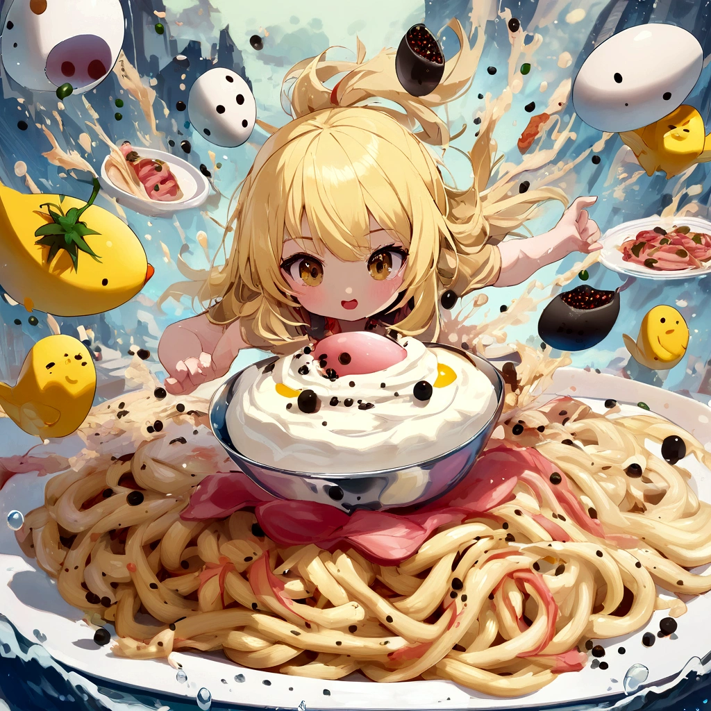 cute girl, pale yellow hair, flying egg, flying Black pepper, flying bacon, splashing carbonara pasta,