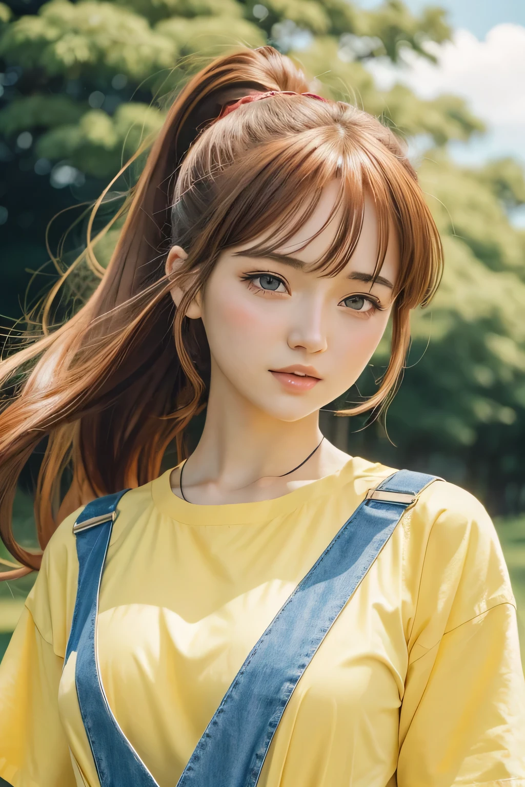 A young beautiful woman, anime girl 2d, 19 years, face like asuka langley soryu, ponytail brown hair, blue eyes, crying a park, wearing a yellow shirt and denin overall, surrounded by grass and flowers, the classic 90s anime art style