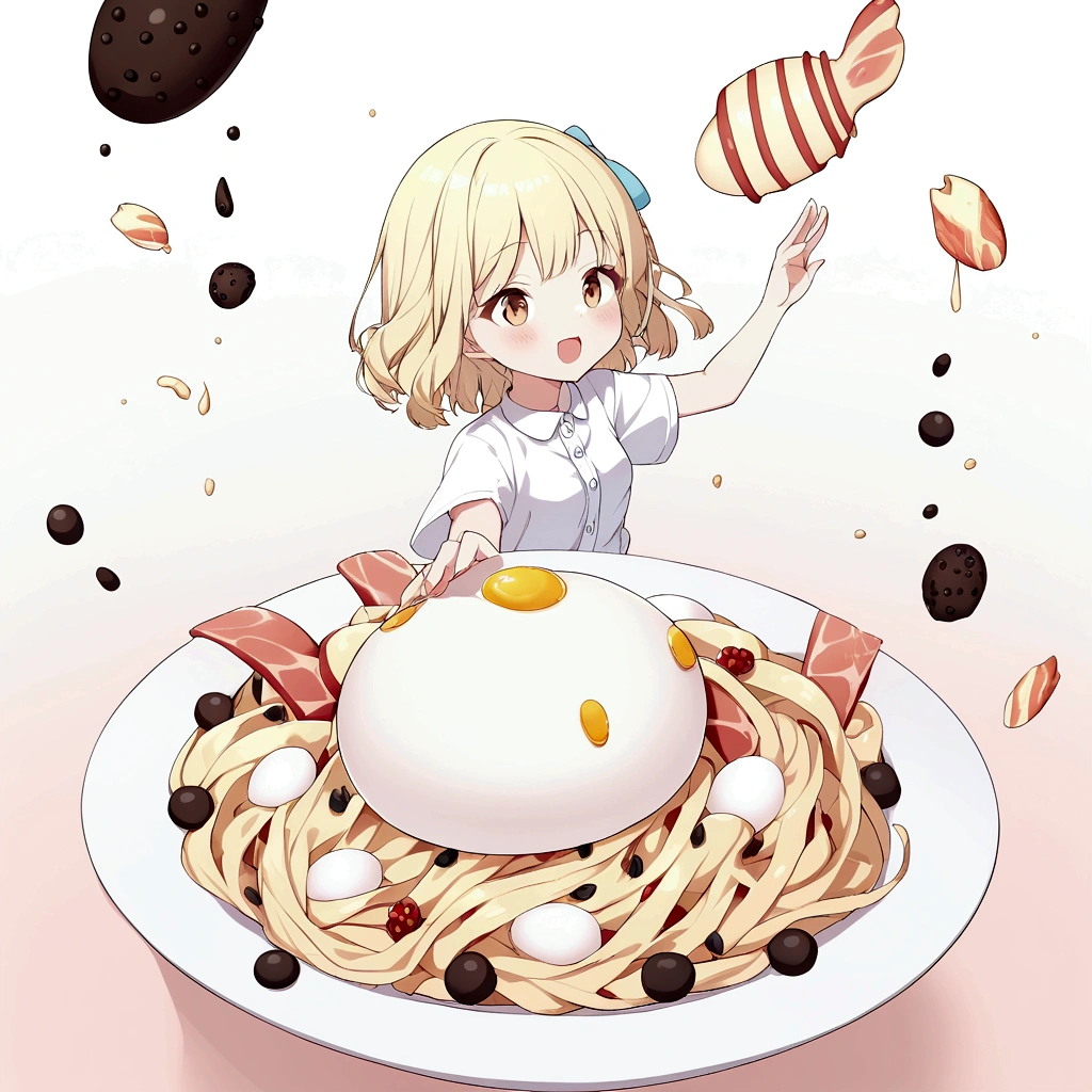 cute girl, pale yellow hair, flying egg, flying Black pepper, flying bacon, splashing carbonara pasta,