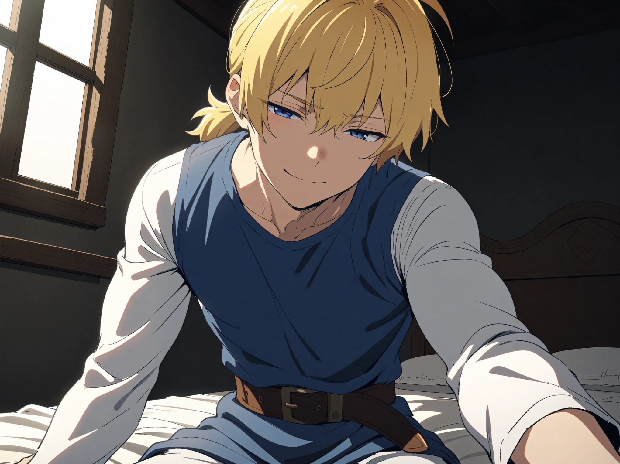 {{cowboy shot, dutch angle, male focus}} {{Artist: Sincos}} muscular male, solo, tall, lean, handsome, blonde hair, short hair, high ponytail, short ponytail, straight hair, bangs, blue eyes, half-closed eyes, sweet smile, looking at viewer, pov, on lap, indoors, bedroom, sitting, on edge of bed, blue tunic, white sleeves, black cloak, leather belt, white pants, medieval fantasy.
