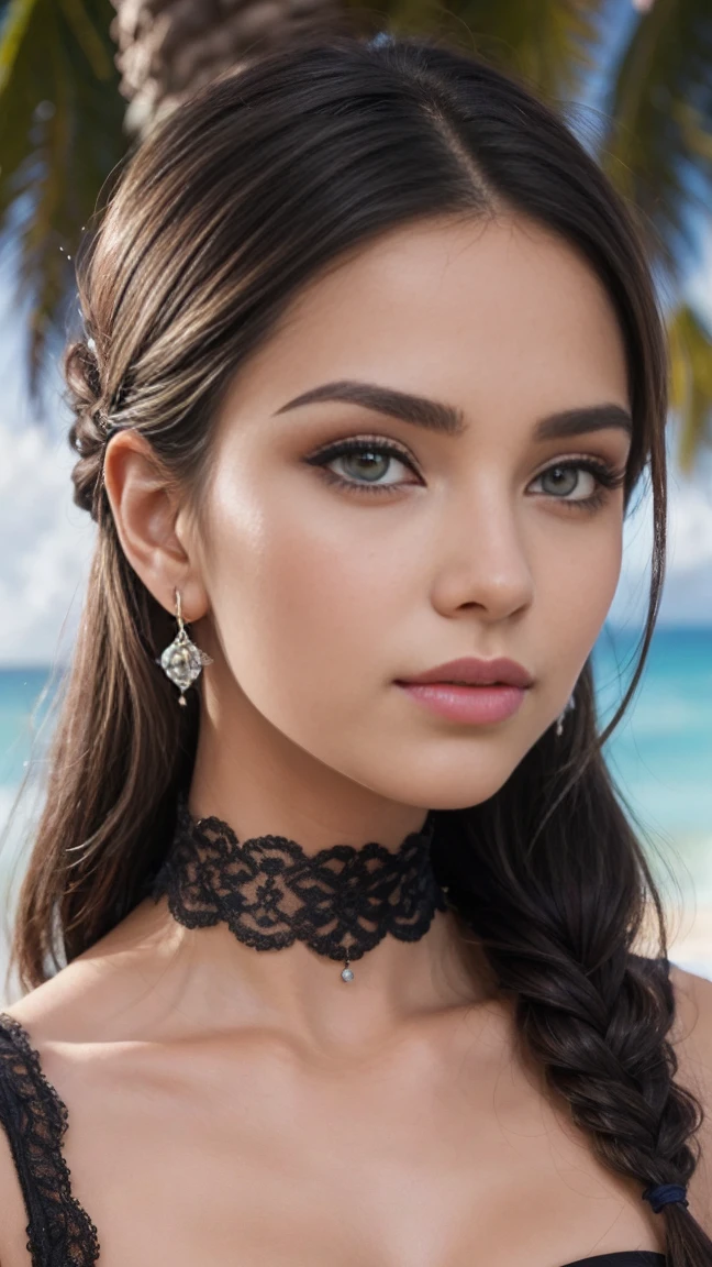 single focus lens, 8K, La cara es ultrarrealista., mujer sensual, fotografiado, piel texturizada, abrir la mano, maquillaje muy oscuro, pink lipstick, trenza de corona de pelo rubio miel, ojos azul hielo, voluptuosas nalgas grandes, pechos de copa g grande, Cintura estrecha, Hermosos pechos, destacando el escote, (bragas negras transparentes de lujo sexy:1.2 y sujetador transparente con bordado floral:1.2 y liguero:1.2), el fondo es un misterioso agujero azul en el Mar Caribe, collar y aretes de lujo y gargantilla de moda,