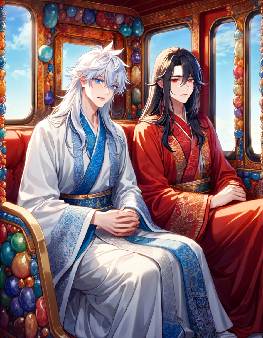 absurdres, highres, ultra detailed, HDR, master piece, best quality, extremely detailed face, delicated features, Xue Yu, untamed spiky hair, black long hair, hair between the eyes, expressive red eyes, Thousand Years War, Gojou Satoru, white long hair, expressive blue eyes, two sexy men sitting together, gay couple, handsome, red robes, white robes, patterns, inside a carriage, blue sky