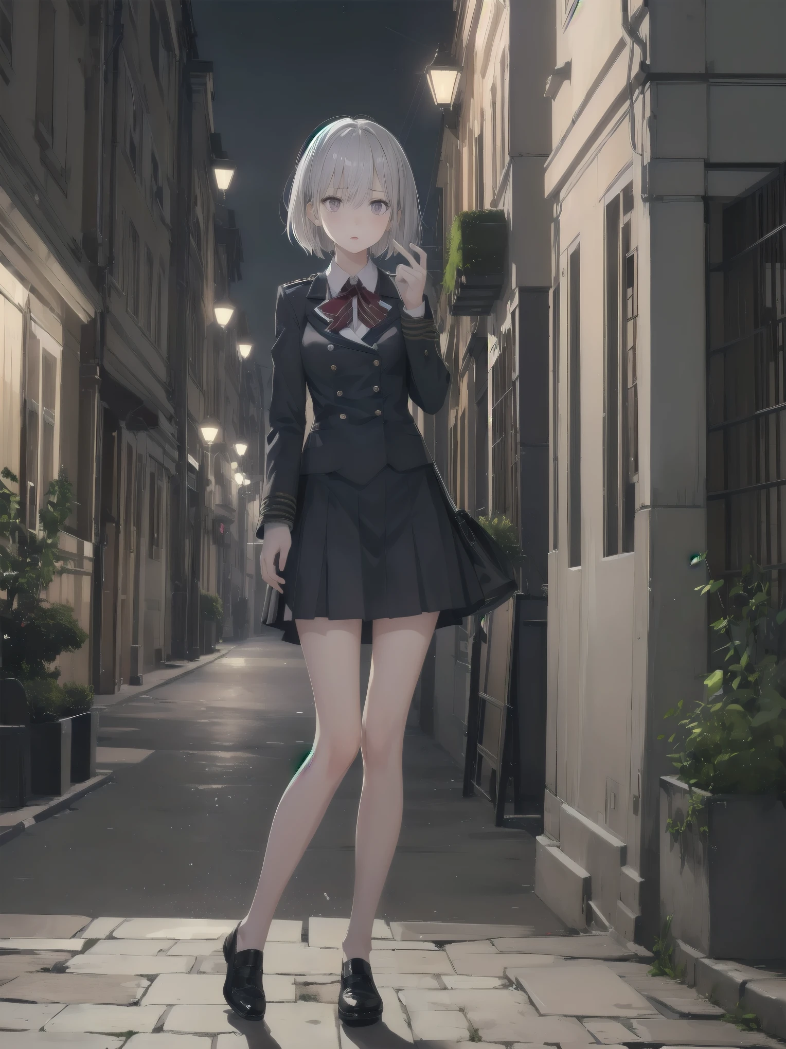 One girl,Silver Hair,Silver Eyes,uniform, Surprised expression, short hair, Standing in the park, At night,Half-body photo, Super detailed, Ultra HD, masterpiece 、 A shy and shy pose