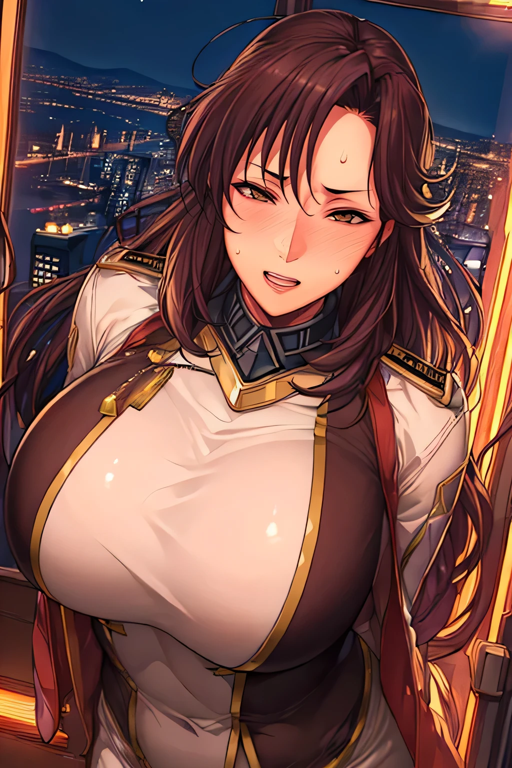 (night:1.7), Japan, cyber punk, City View, In front of the window,
Upright immobile posture,(Closed_mouth:1.1),
army uniform, army,Jacket,White and gold uniform,pencil_skirt,
gem,
bangs,Brown Hair,Brown eyes,
1 girl, 20 years,young woman,beautiful Finger,beautiful long legs,beautiful body,beautiful Nose,beautiful character design, Perfect Eyes, perfect face,Expressive eyes,
View Viewer, Center the image,(upper_body),(close),(Focus on her face),
Official Art,Highly detailed CG Unity 8k wallpaper, Perfect lighting,colorful, bright_front_face_Lighting,Shiny skin,
(masterpiece:1.0),(Highest_quality:1.0), 超High resolution,4K,Super detailed,
photograph, 8k, High resolution, High resolution, Absurd:1.2, Kodak Portrait 400, Film Grain, Blurred Background, Bokeh:1.2, Lens flare, (Vibrant_color:1.2)
(beautiful,big_chest:1.4), (beautiful_face:1.5),(narrow_Waist),