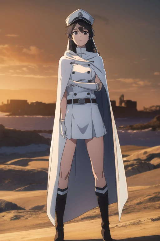 bambietta, bambietta basterbine, long hair, black hair, (black eyes:1.5), (medium breast:1.2),
BREAK skirt, gloves, boots, belt, cape, cloak, white cloak, hat, cap,
BREAK looking at viewer,
BREAK outdoors,
BREAK (masterpiece:1.2), best quality, high resolution, unity 8k wallpaper, (illustration:0.8), (beautiful detailed eyes:1.6), extremely detailed face, perfect lighting, extremely detailed CG, (perfect hands, perfect anatomy),