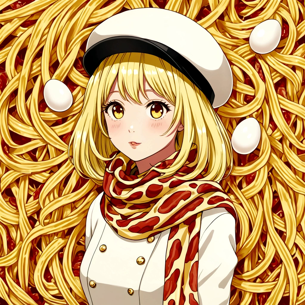 feminine girl, pale yellow hair, dress like pasta, hat that looks like an egg, bacon pattern scarf, Flying carbonara background