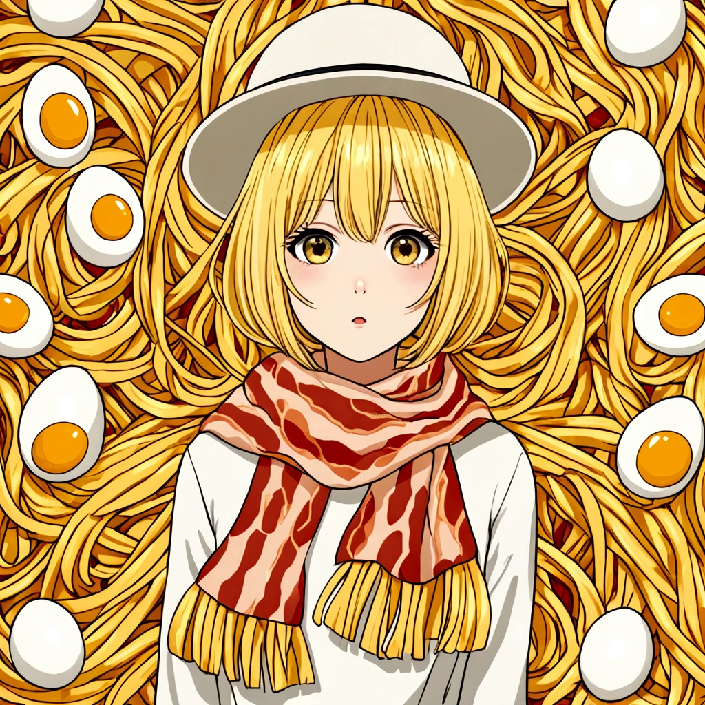 feminine girl, pale yellow hair, dress like pasta, hat that looks like an egg, bacon pattern scarf, Flying carbonara background
