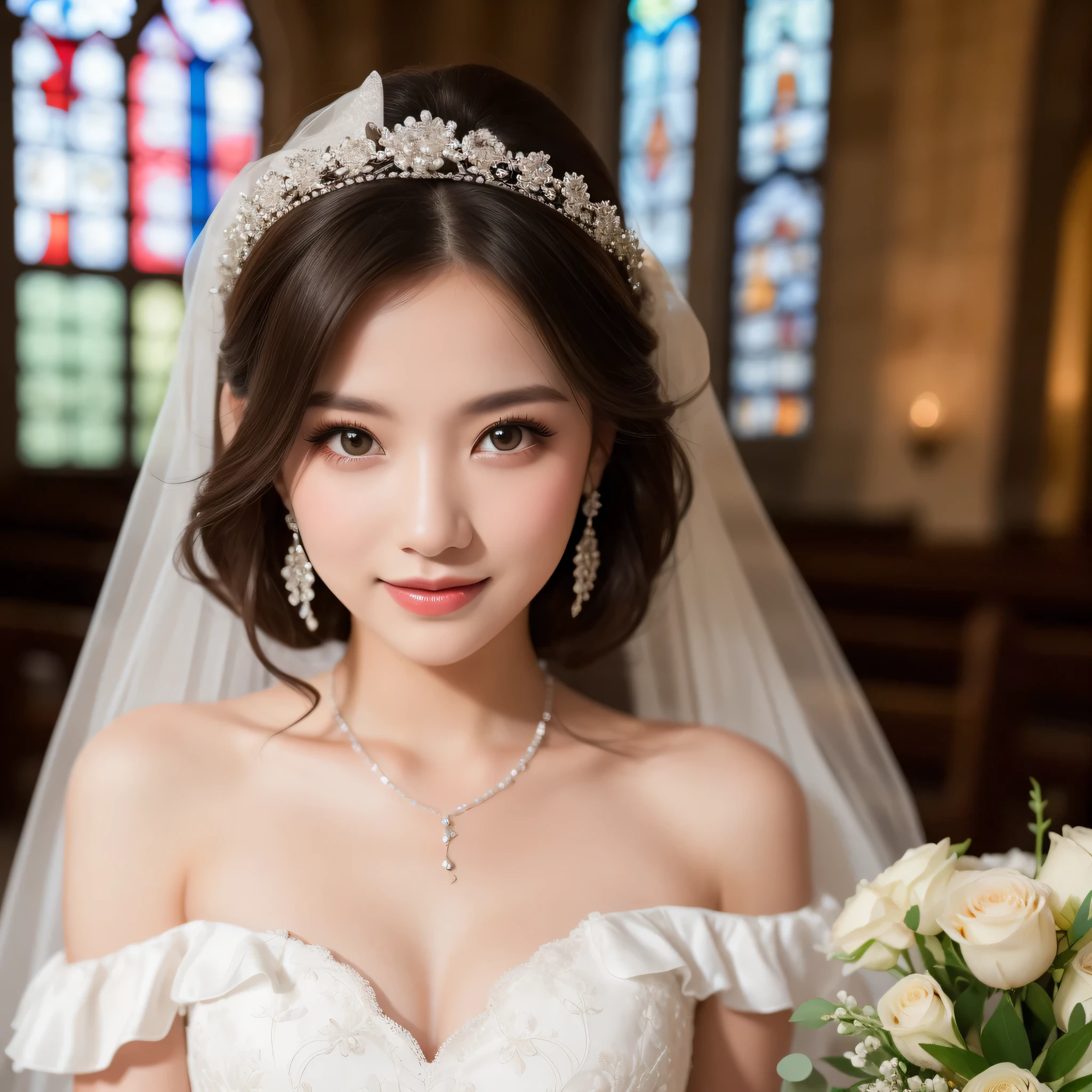 (kawaii face), (flat chest:1.2), happy smile, makeup, (Beautiful frills and lace cute wedding dress, bare shoulders:1.3), (tiaras, necklaces, earrings), Ultra High Definition, Superior Quality, Premier Quality, ultra detailed, Photorealistic, 8k, RAW Photos, highest quality, masterpiece, professional photography, Realistic portrait, Beautiful detailed, Close up portrait of girl, (chapel, stained glass), bouquet, flower decoration, beautiful bride pictures, (Fine face:1.2),
