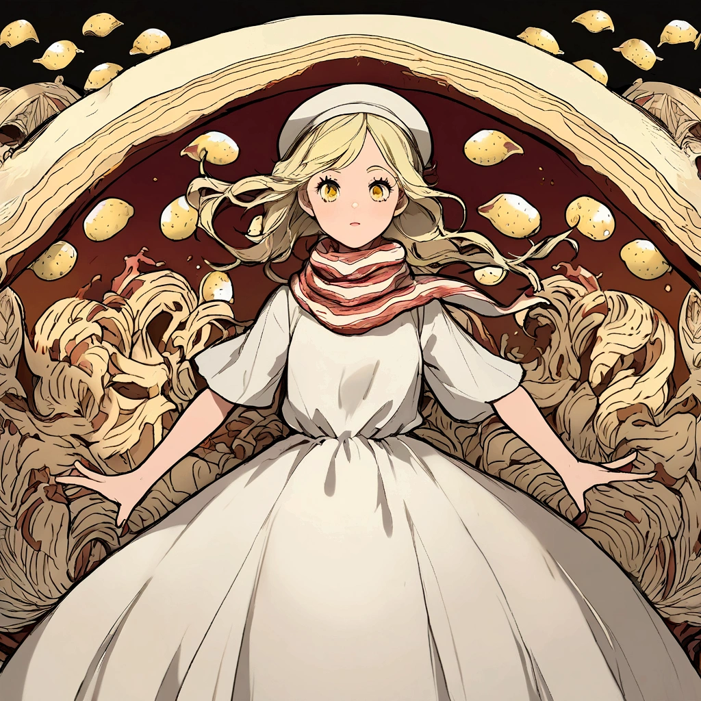 feminine girl, pale yellow hair, dress like pasta, hat that looks like an egg, bacon pattern scarf, Flying carbonara background