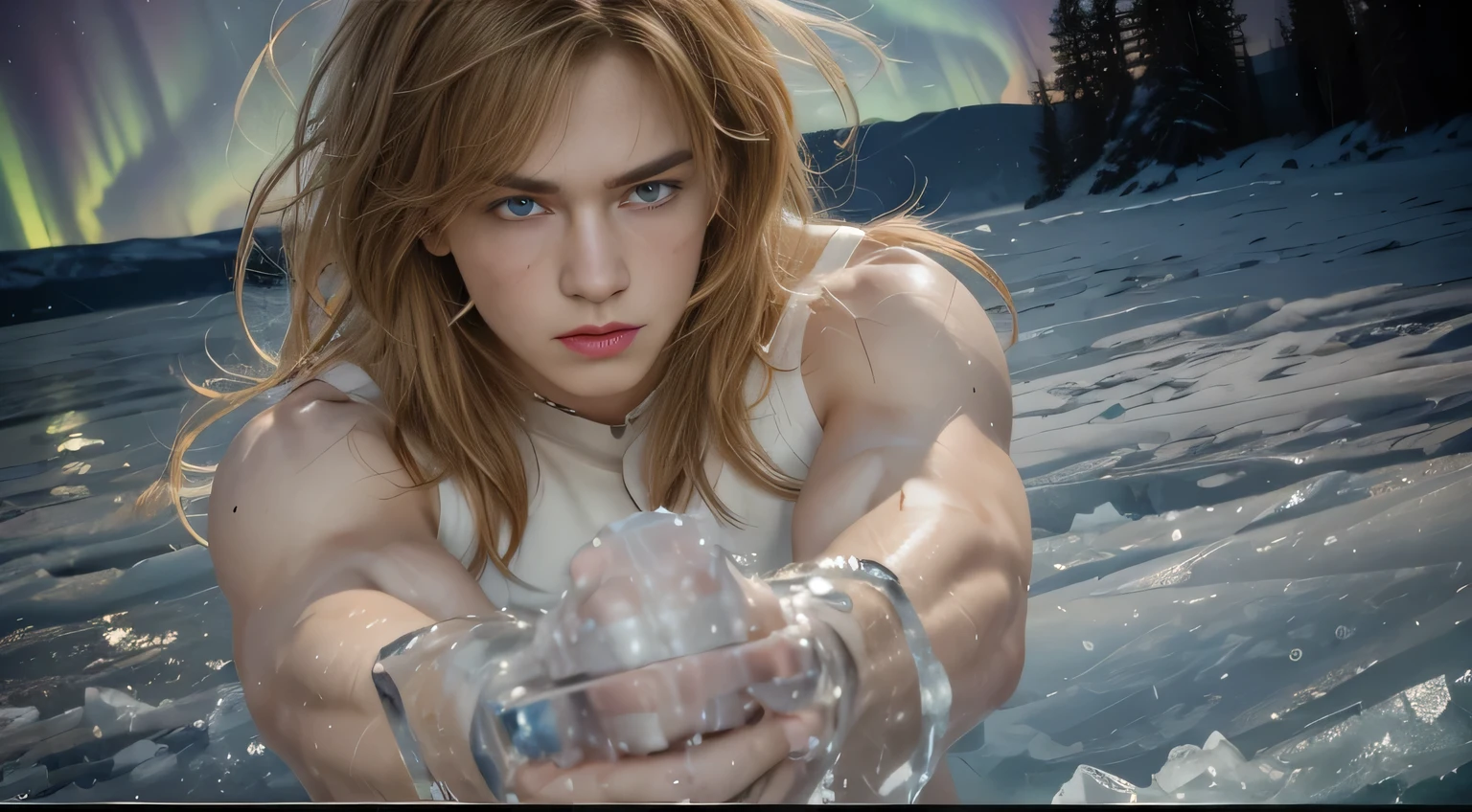 (masterpiece), (realistic), close up portrait of a man, (male), 20 years old, Russian (1boy), slightly low view, solo, pretty handsome man, pale skin, ((pretty big blue eyes)), ((well done eyes)), ((perfect eyes)), serious, strong expression, defiance expression, powerful look, medium messy blond hair, (bangs), hair blowing in the air, (beardless), off-white regatta, muscular, long arms extended forward, proportional arms, ice covering the crossing hands, aurora boreal sky background, frozen background solo, small ice Cristals in the air, cinematic lighting.