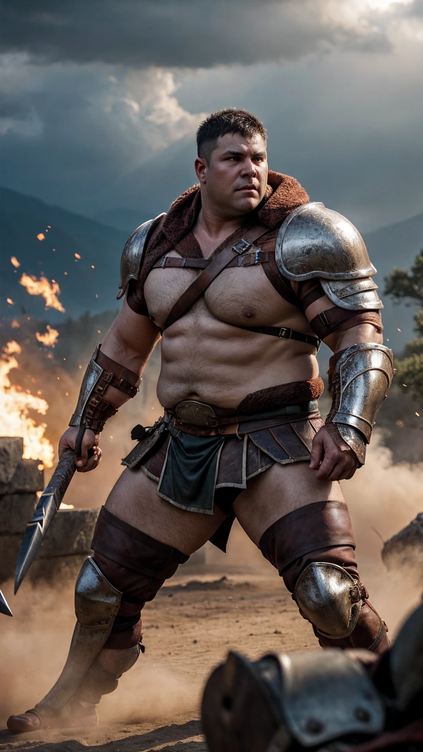 looking at me, face, a fat gentle barbarian, mid combat, leather armor, legs exposed from thighs to feet, fierce, battleground background, masterpiece, volumetric lighting, Dramatic,