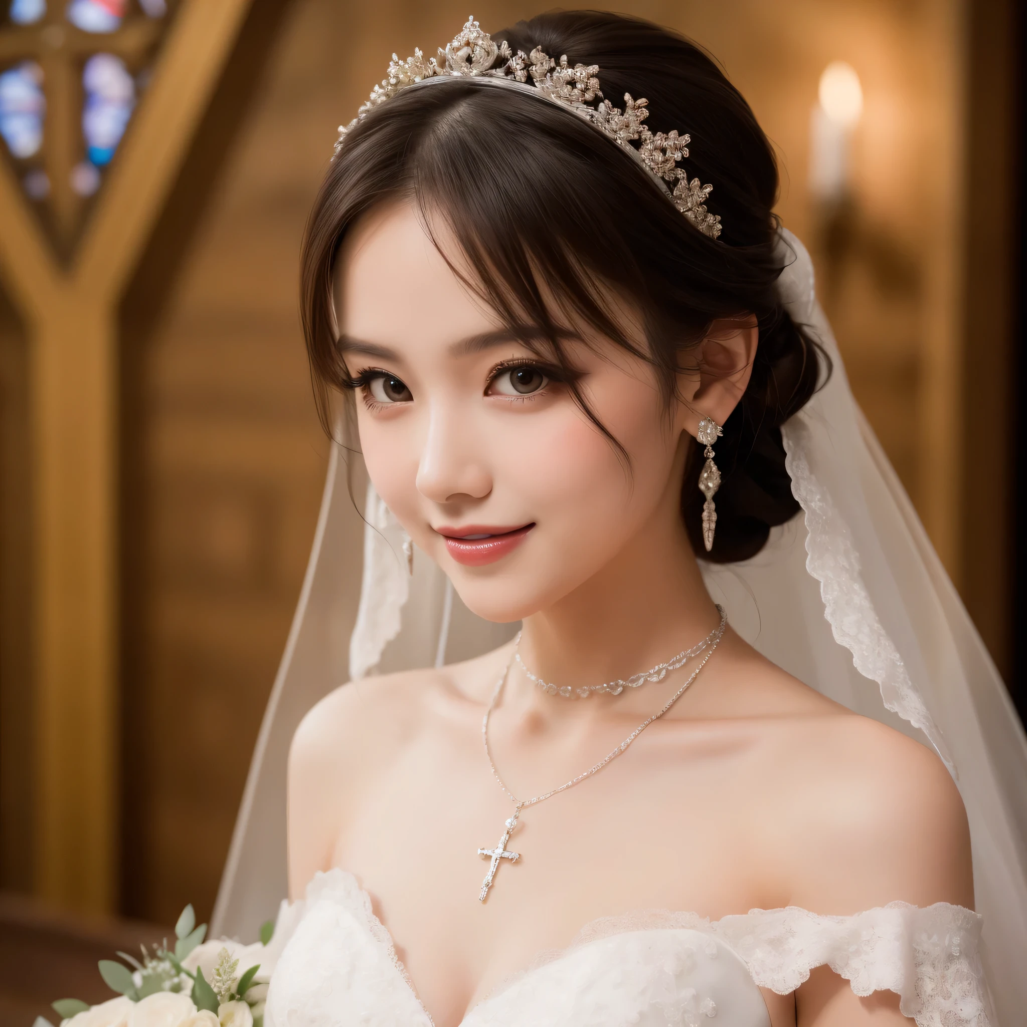 (kawaii face), (flat chest:1.2), happy smile, makeup, (Beautiful frills and lace cute wedding dress, bare shoulders:1.3), (tiaras, necklaces, earrings), Ultra High Definition, Superior Quality, Premier Quality, ultra detailed, Photorealistic, 8k, RAW Photos, highest quality, masterpiece, professional photography, Realistic portrait, Beautiful detailed, Close up portrait of girl, (chapel, stained glass), bouquet, flower decoration, beautiful bride pictures, (Fine face:1.2),
