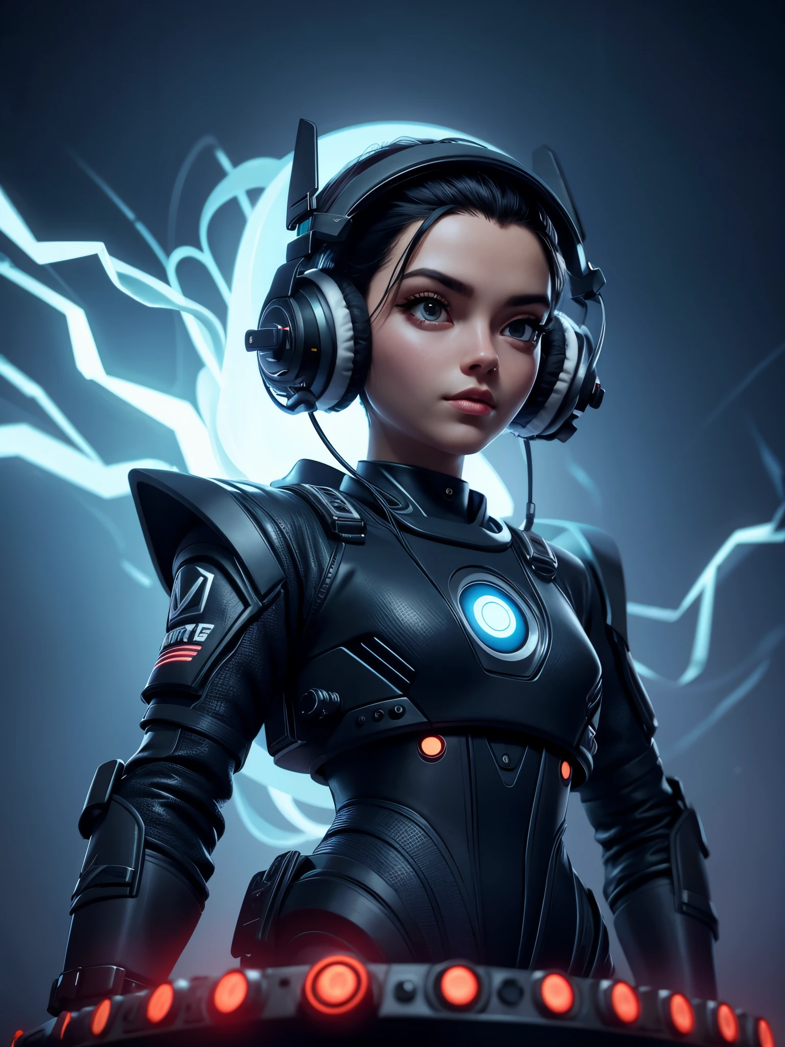 DJ space ALIEN with a minimalist backdrop, wearing futuristic headphones and a high-tech turntable, sharp focus, emitting diodes, smoke, artillery, sparks, racks, system unit, motherboard, hyperrealism painting concept art of detailed character design matte painting, 8 k resolution art by Ray Shark