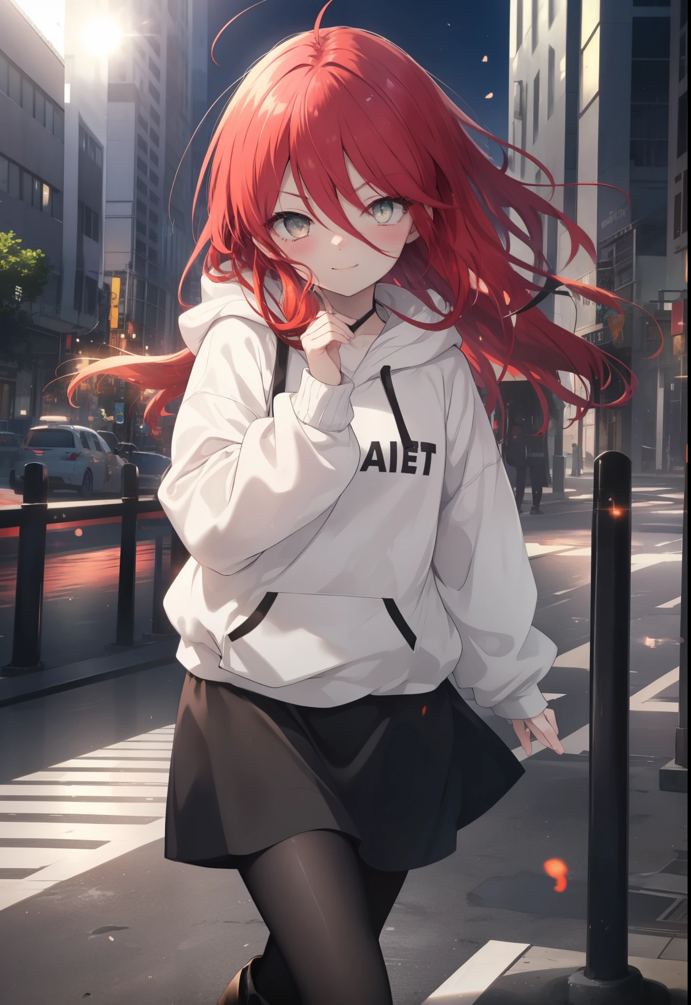 Shana,灼眼のShana,Ahoge,Long Hair,Red Hair, Red eyes, Small breasts,happy smile, smile, Close your mouth,blush,Oversized hoodie,Black long skirt,Black pantyhose,short boots,walking,morning,morning陽,The sun is rising,whole bodyがイラストに入るように,
break looking at viewer, whole body,
break outdoors, Building district,
break (masterpiece:1.2), highest quality, High resolution, unity 8k wallpaper, (shape:0.8), (Beautiful and beautiful eyes:1.6), Highly detailed face, Perfect lighting, Highly detailed CG, (Perfect hands, Perfect Anatomy),