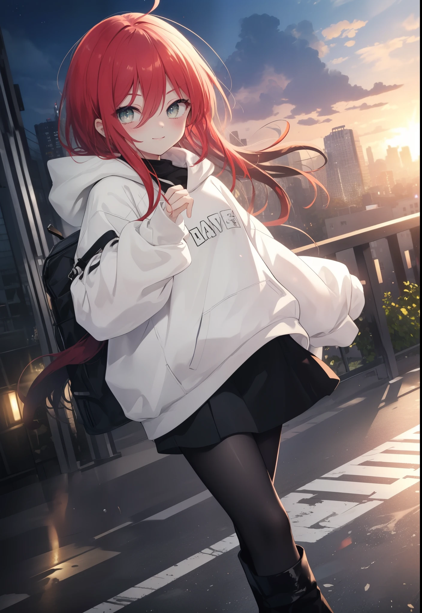 Shana,灼眼のShana,Ahoge,Long Hair,Red Hair, Red eyes, Small breasts,happy smile, smile, Close your mouth,blush,Oversized hoodie,Black long skirt,Black pantyhose,short boots,walking,morning,morning陽,The sun is rising,whole bodyがイラストに入るように,
break looking at viewer, whole body,
break outdoors, Building district,
break (masterpiece:1.2), highest quality, High resolution, unity 8k wallpaper, (shape:0.8), (Beautiful and beautiful eyes:1.6), Highly detailed face, Perfect lighting, Highly detailed CG, (Perfect hands, Perfect Anatomy),
