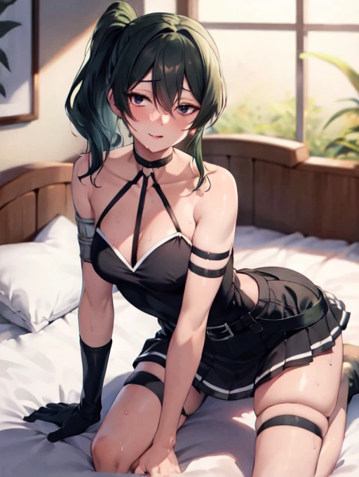 masterpiece, highest quality,(detailed), Bruises, Long Hair, Side Ponytail,
Black Dress,Normal chest、Slender body、 belt, Arm strap, One-elbow gloves, Thigh straps,On all fours, On the bed,
Sweat,sexy, Panty shot、White panties,Cowboy Shot、sexyショット、