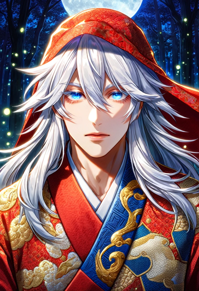 absurdres, highres, ultra detailed, HDR, master piece, best quality, extremely detailed face, delicated features, Gojou Satoru, untamed spiky hair, white long hair, with bangs, hair between the eyes, expressive blue eyes, white eyelashes, Thousand Years War, solo, sexy man, handsome, red wedding kimono, red veil, patterns, forest, trees, night, fireflies, moon