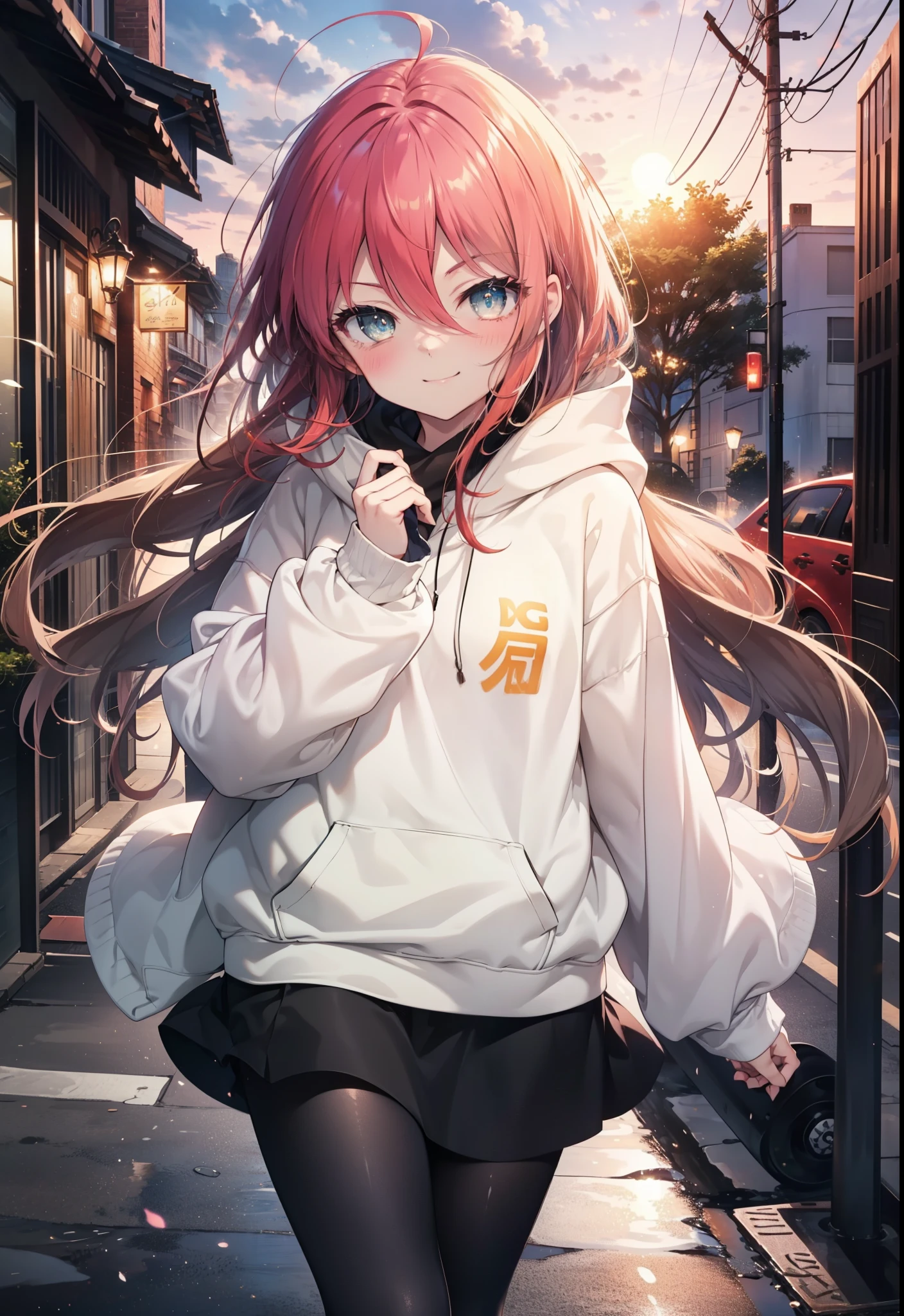 Shana,灼眼のShana,Ahoge,Long Hair,Black, Iris, Small breasts,happy smile, smile, Close your mouth,blush,Oversized red hoodie,Black long skirt,Black pantyhose,short boots,walking,morning,morning陽,The sun is rising,whole bodyがイラストに入るように,
break looking at viewer, whole body,
break outdoors, Building district,
break (masterpiece:1.2), highest quality, High resolution, unity 8k wallpaper, (shape:0.8), (Beautiful and beautiful eyes:1.6), Highly detailed face, Perfect lighting, Highly detailed CG, (Perfect hands, Perfect Anatomy),
