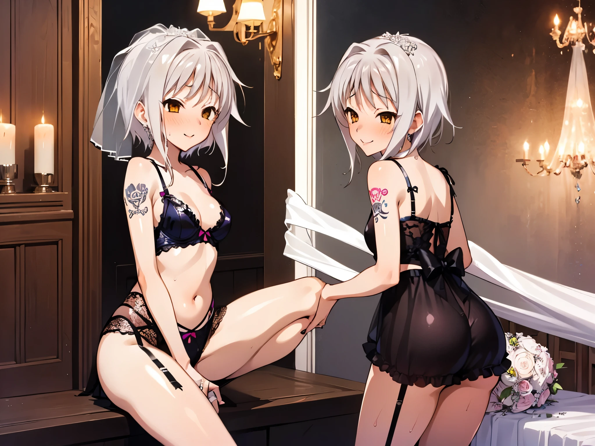 NSFW,(One girl:1.5),koneko toujou (dxd),Gray Hair,short hair,(Wedding Lingerie:1.5),Tattoo on the lower abdomen,(Perfect hands),(Perfect Anatomy),(masterpiece),(highest quality),smile,Embarrassed,blush,Luxury Room,chandelier,Crouching,With legs apart