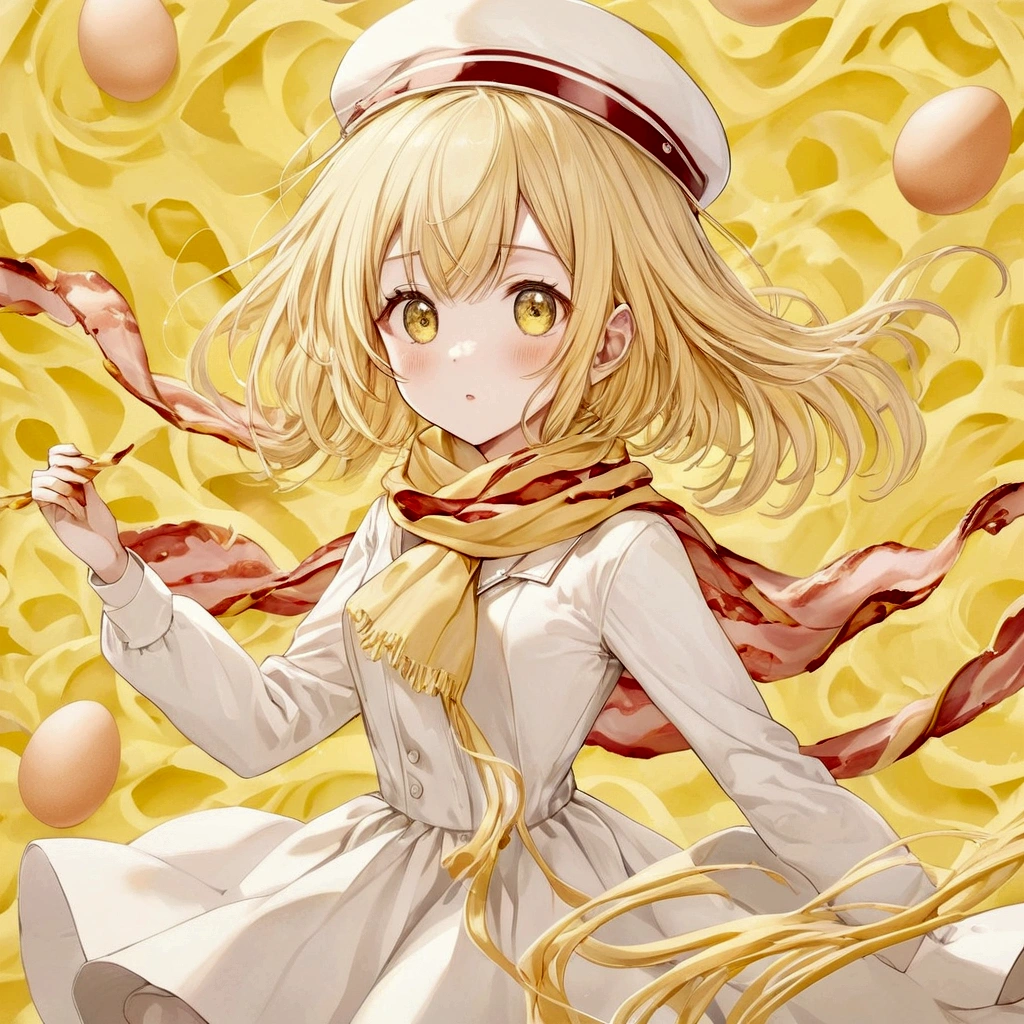 feminine girl, pale yellow hair, dress like pasta, hat that looks like an egg, bacon pattern scarf, Flying carbonara background