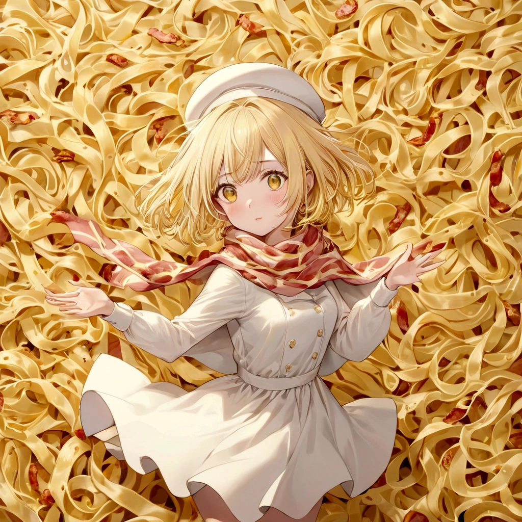 feminine girl, pale yellow hair, dress like pasta, hat that looks like an egg, bacon pattern scarf, Flying carbonara background