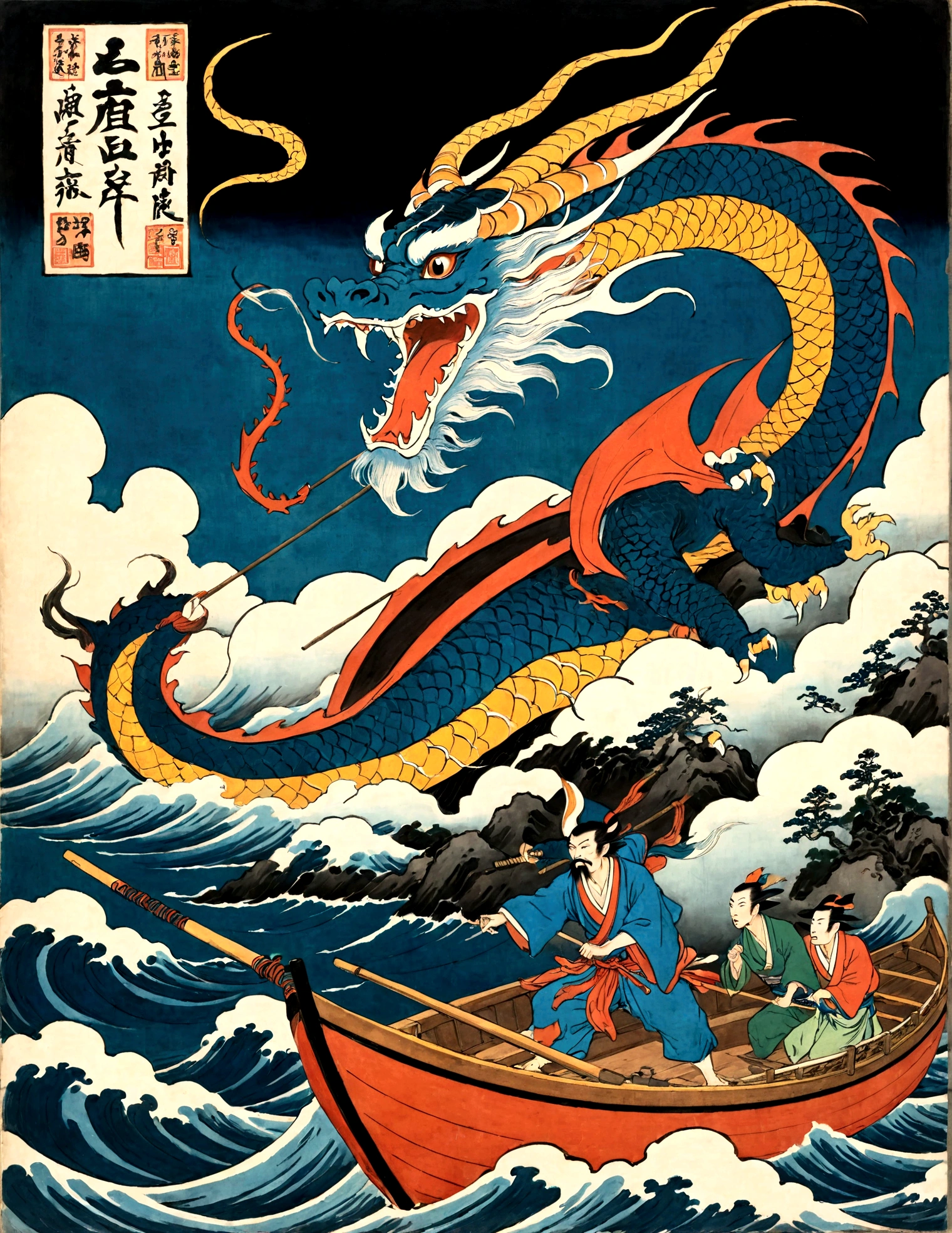 painting of a dragon attacking a boat with a man on it, inspired by Utagawa Yoshitora, japanese god, inspired by Kanō Hōgai, inspired by Utagawa Yoshitsuya, chinese mythology, kawanabe kyosai, by Utagawa Kuniyoshi, korean mythology, inspired by Utagawa Kuniyoshi, from sengoku period