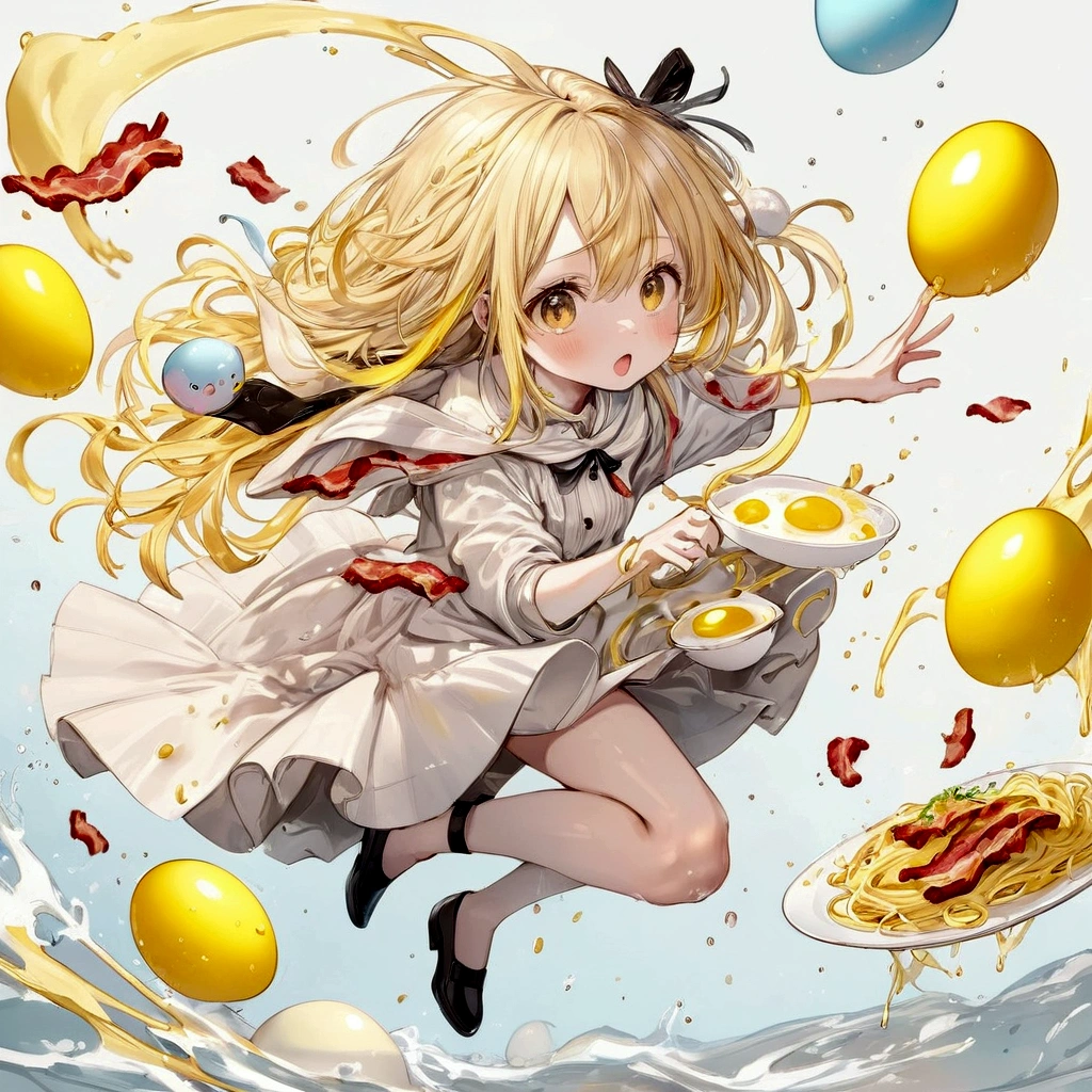 cute girl, pale yellow hair, flying egg, flying Black pepper, flying bacon, splashing carbonara pasta, 